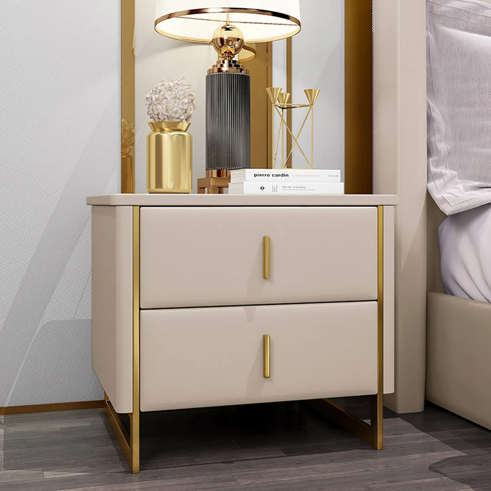 2-Drawer Nightstand - Beige, Faux Leather