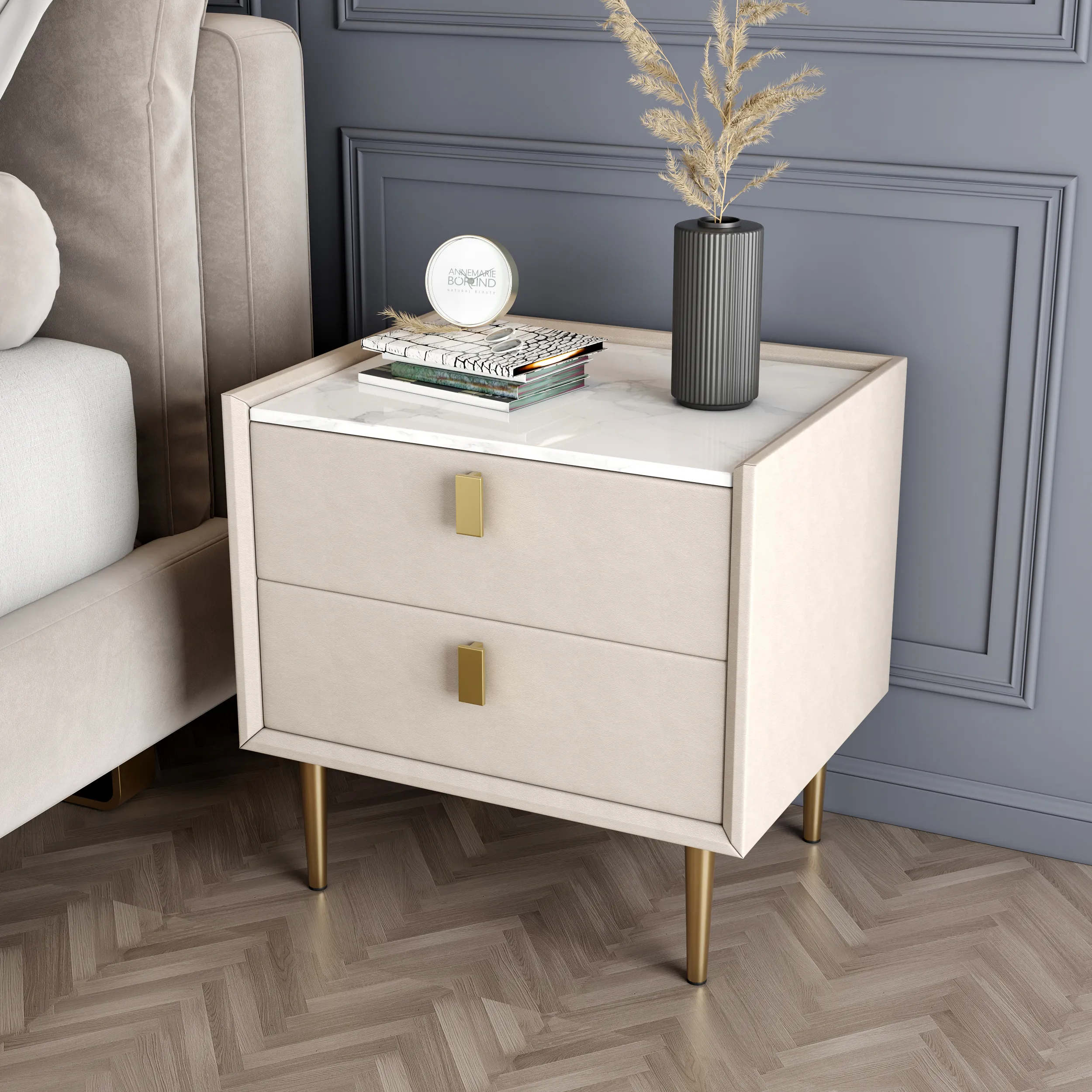2 Drawer Nightstand - PU Leather, Gold Metal