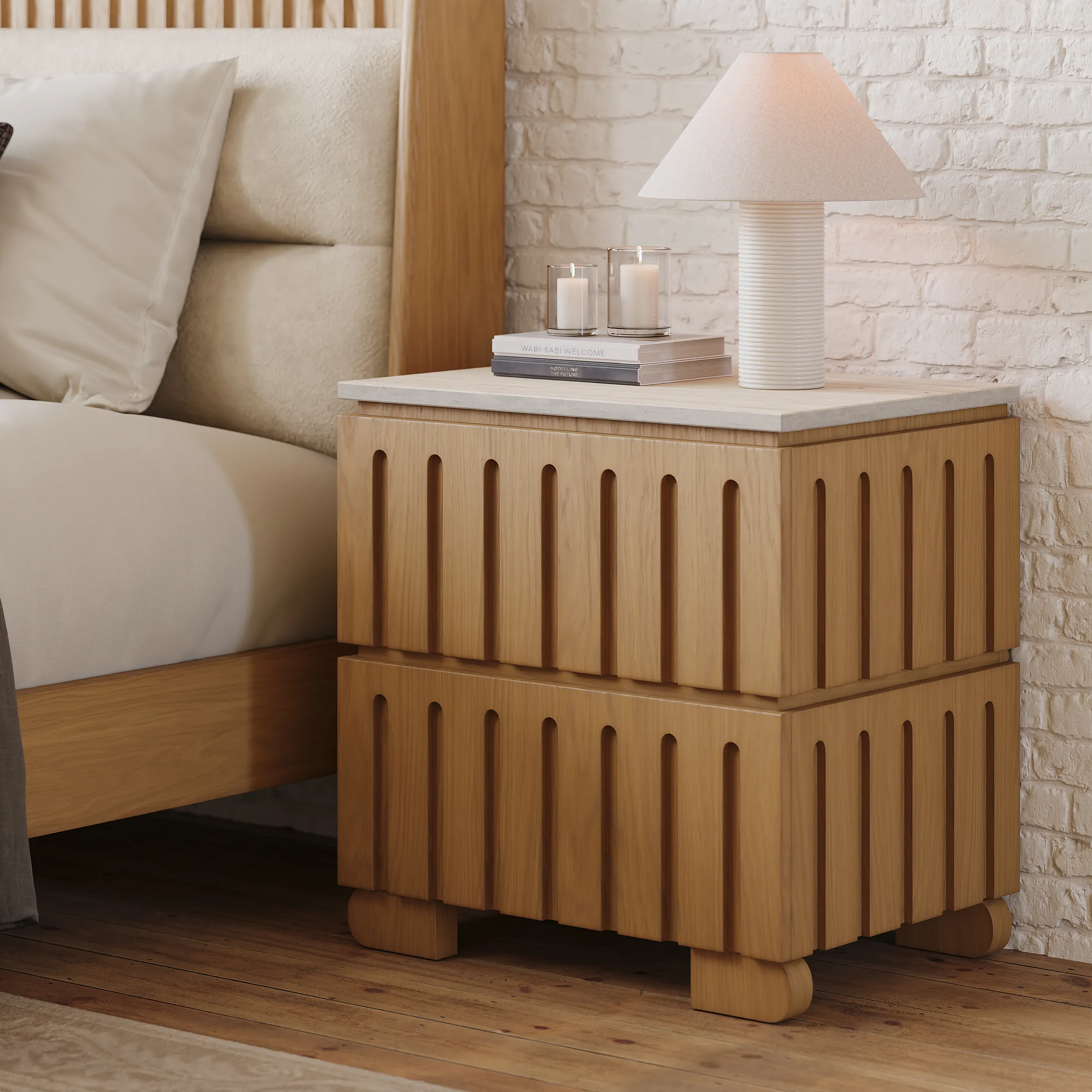 2-Drawer Nightstand Set of 2 - Ash Wood, Faux Travertine