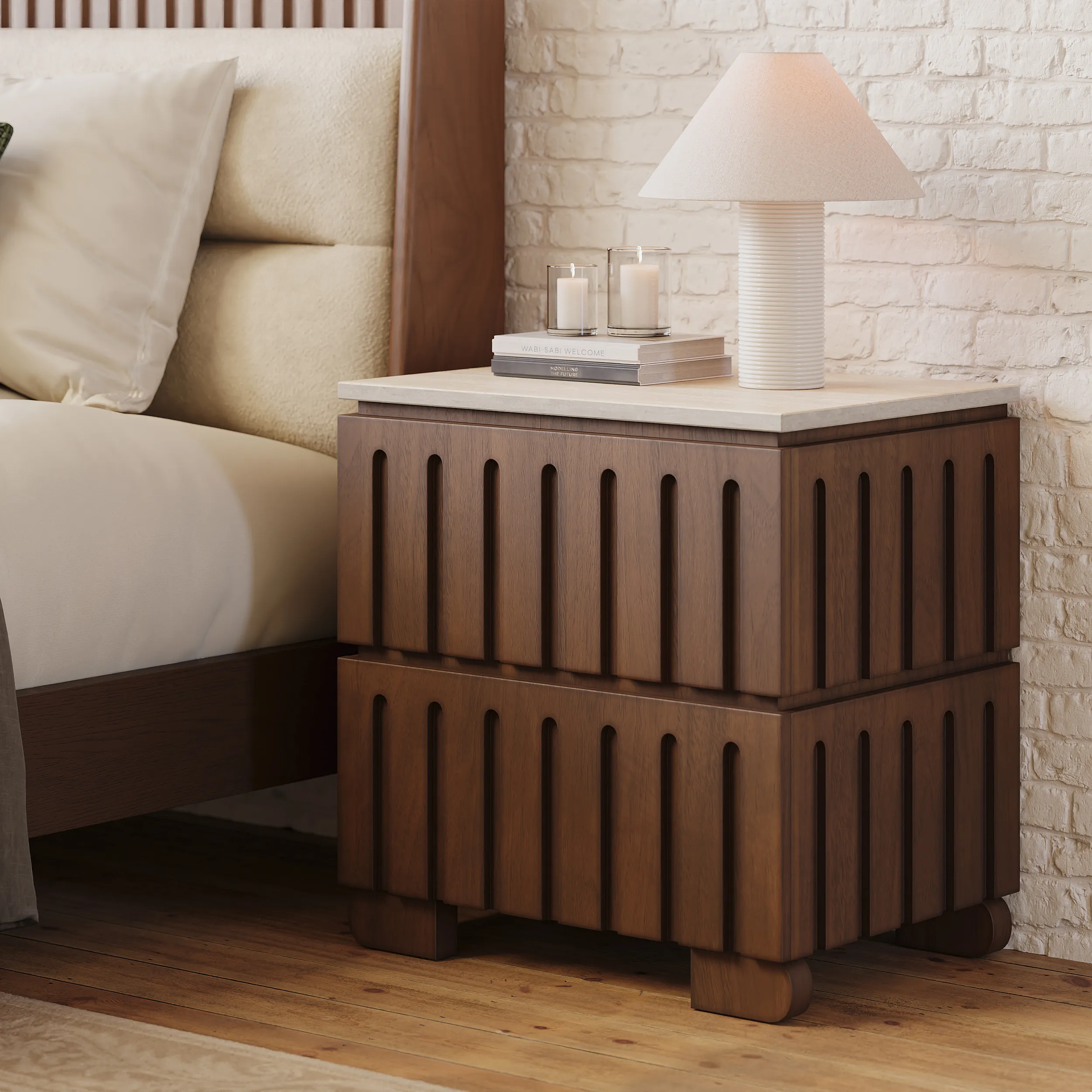 2-Drawer Nightstand Set of 2 - Ash Wood, Faux Travertine