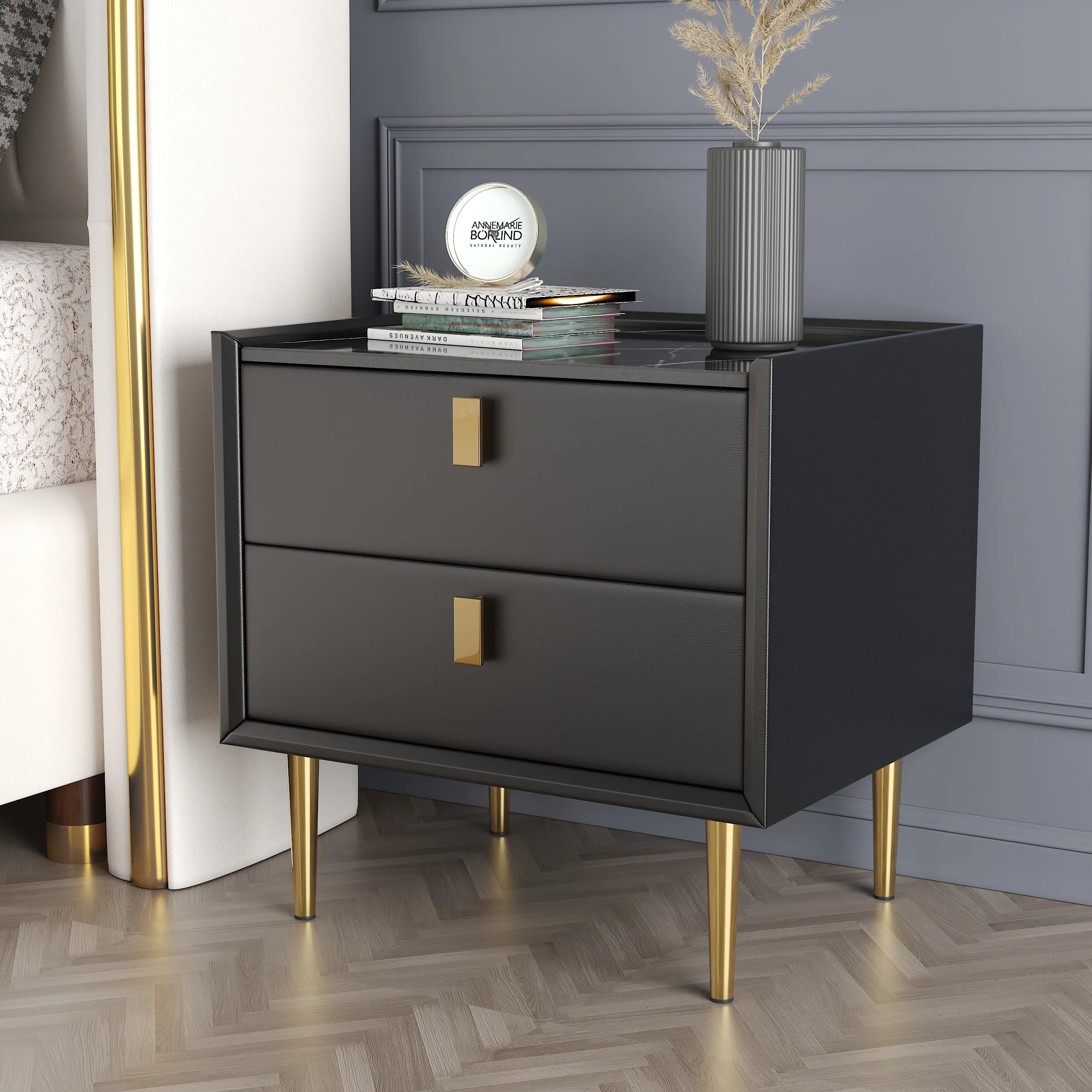 2 Drawer Nightstand Set of 2 - PU Leather, Gold Metal