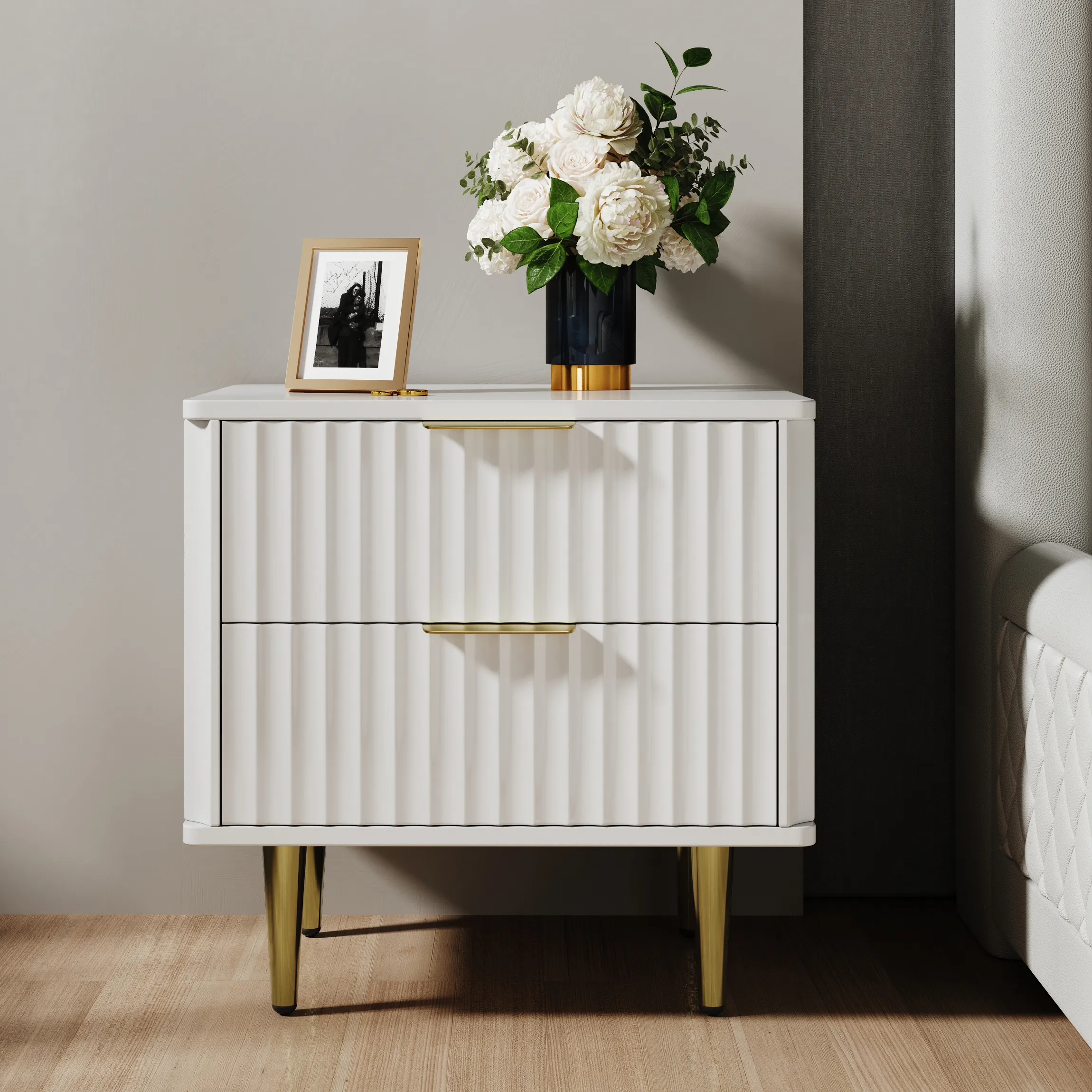 2-Drawer Nightstand with Gold Legs - White, MDF image