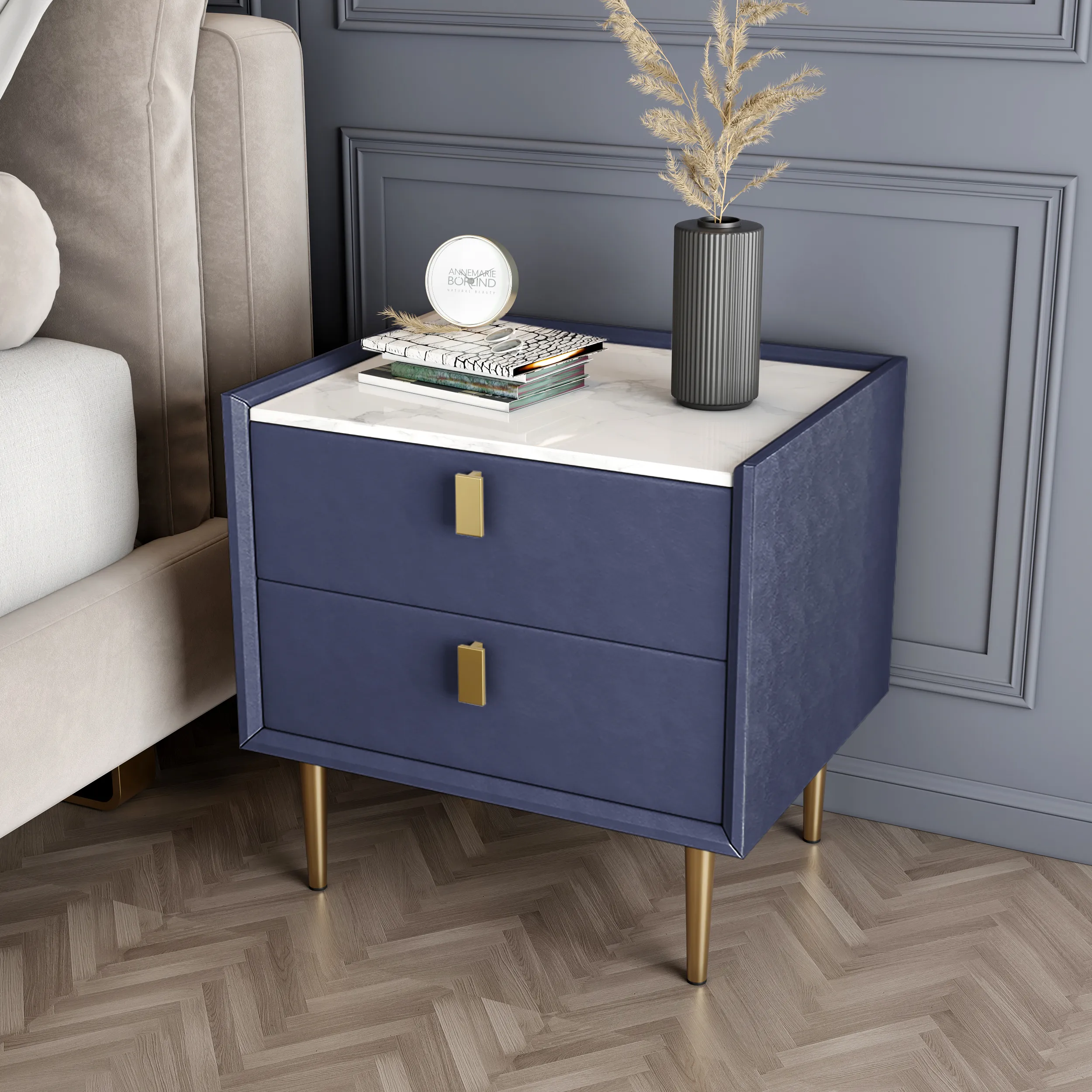 2 Drawer Nightstand with Gold Metal Legs - Blue, PU Leather image