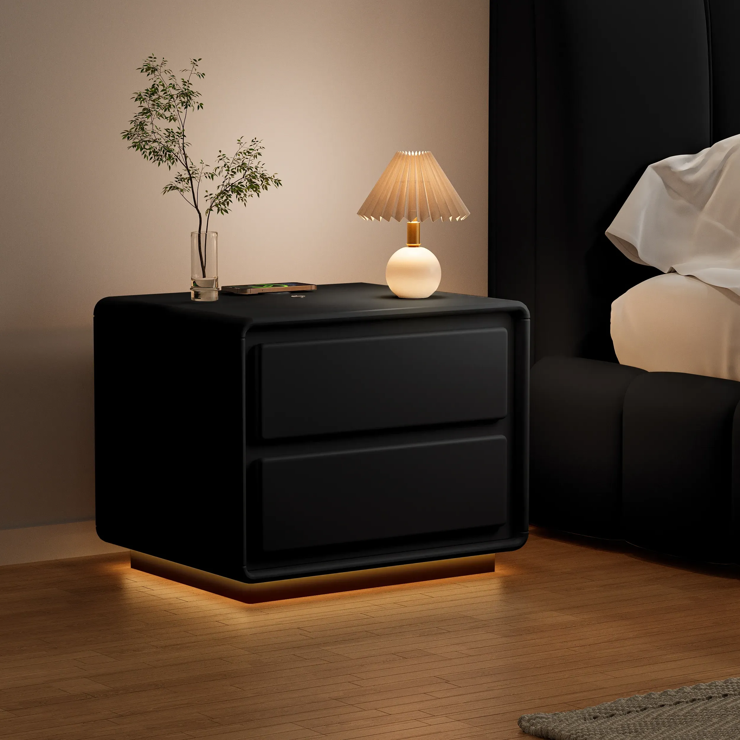 2-Drawer Nightstand with LED and USB Charging - Off-White