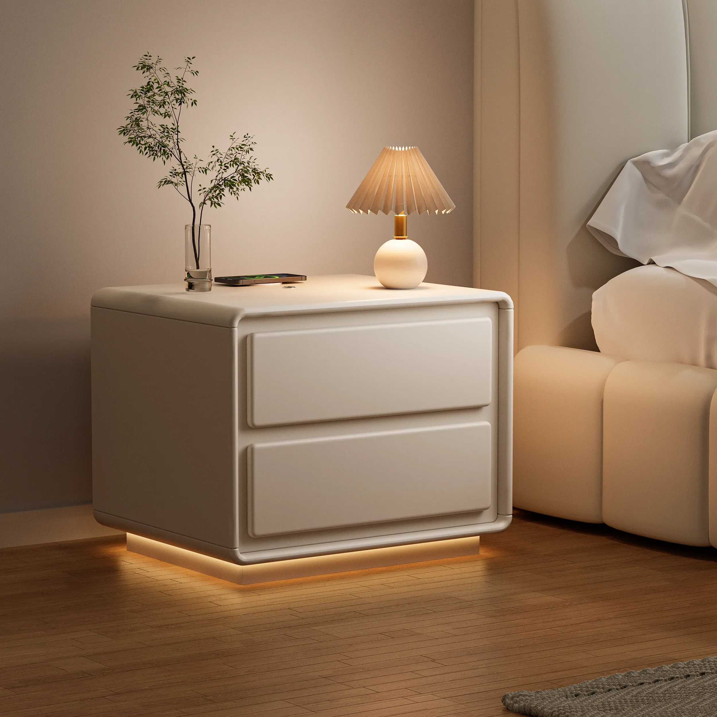 2-Drawer Nightstand with LED and USB Charging Set of 2 - Off-White