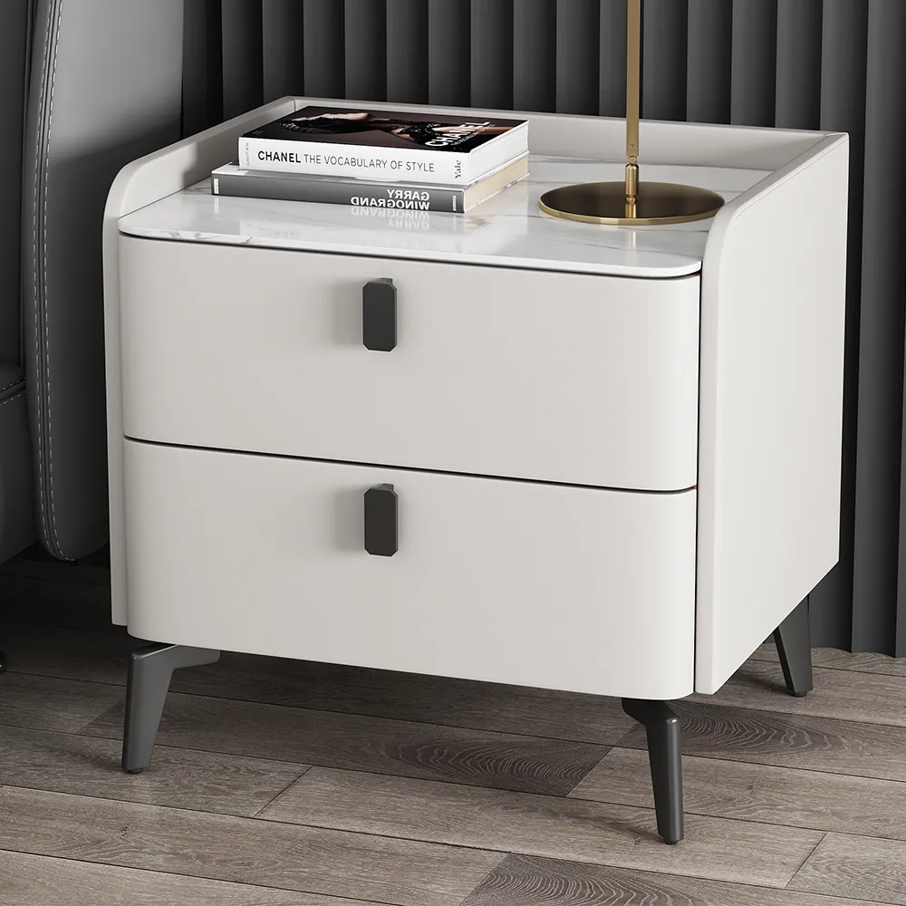 2-Drawer Nightstand with Stone Top - White, Faux Leather image