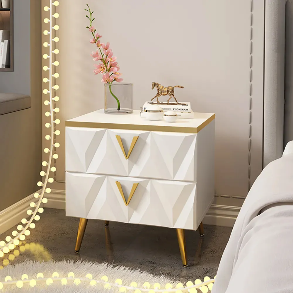 2-Drawer Nightstand with V-Shaped Facet - White image
