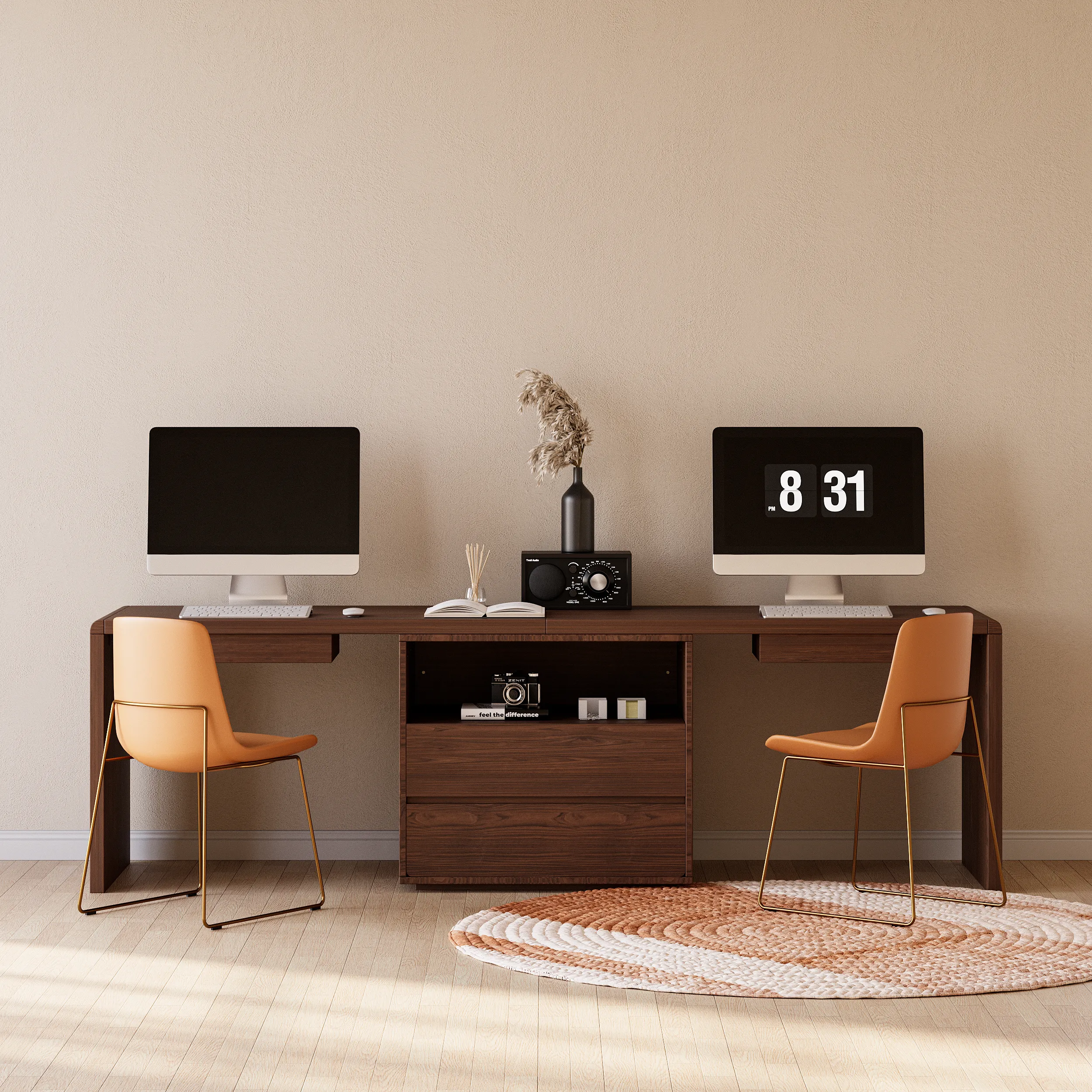 2-Person Rectangular Computer Desk with Storage - Brown image