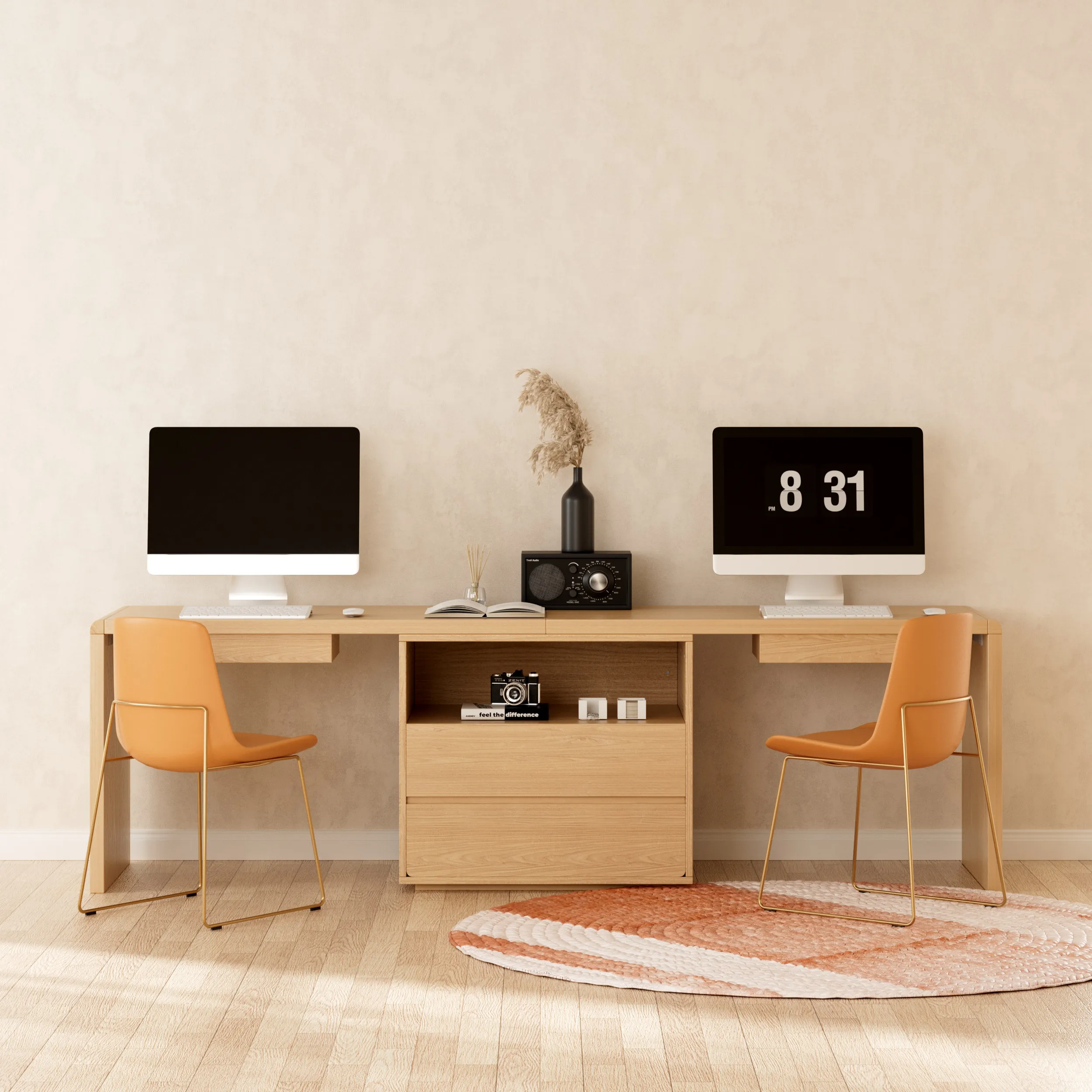 2-Person Rectangular Computer Desk with Storage - Natural