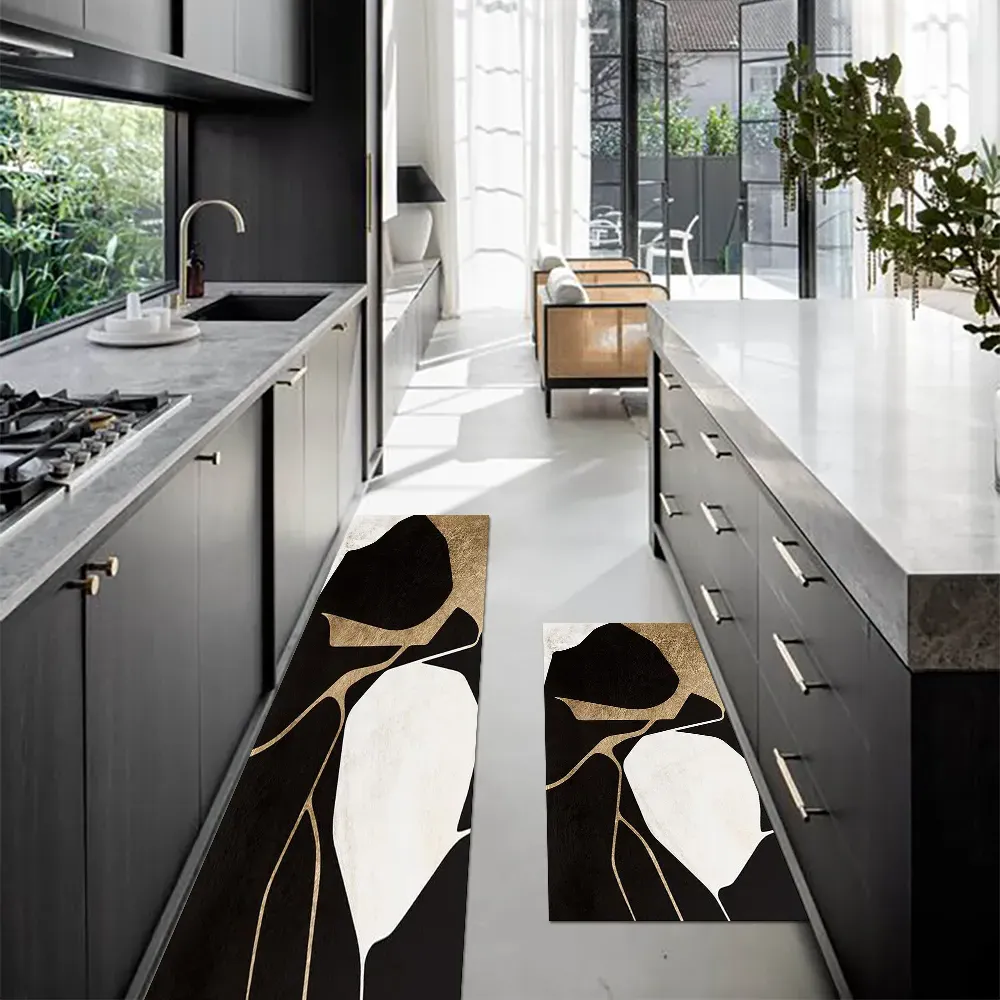 2 Piece Abstract Kitchen Runner Mat Set - Gold, Black image