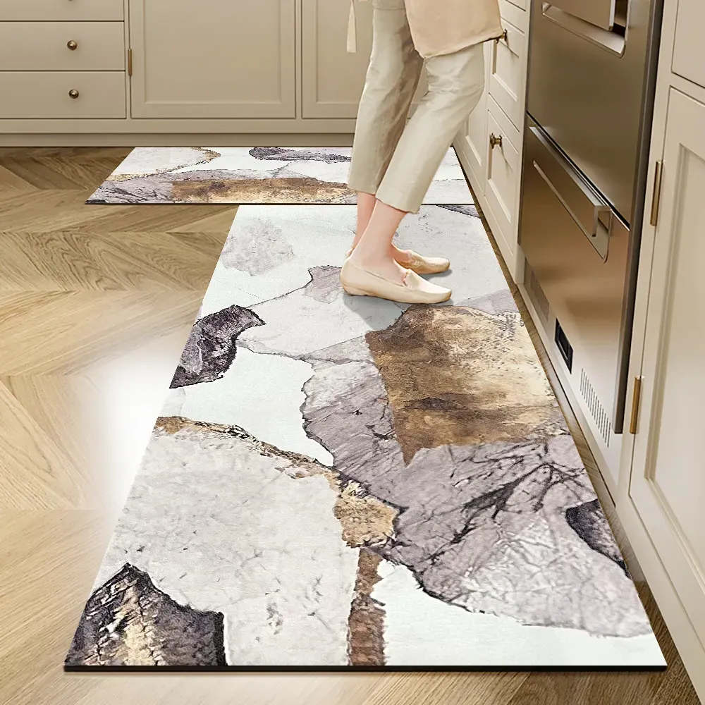 2 Piece Abstract Kitchen Runner Mat Set - Gold