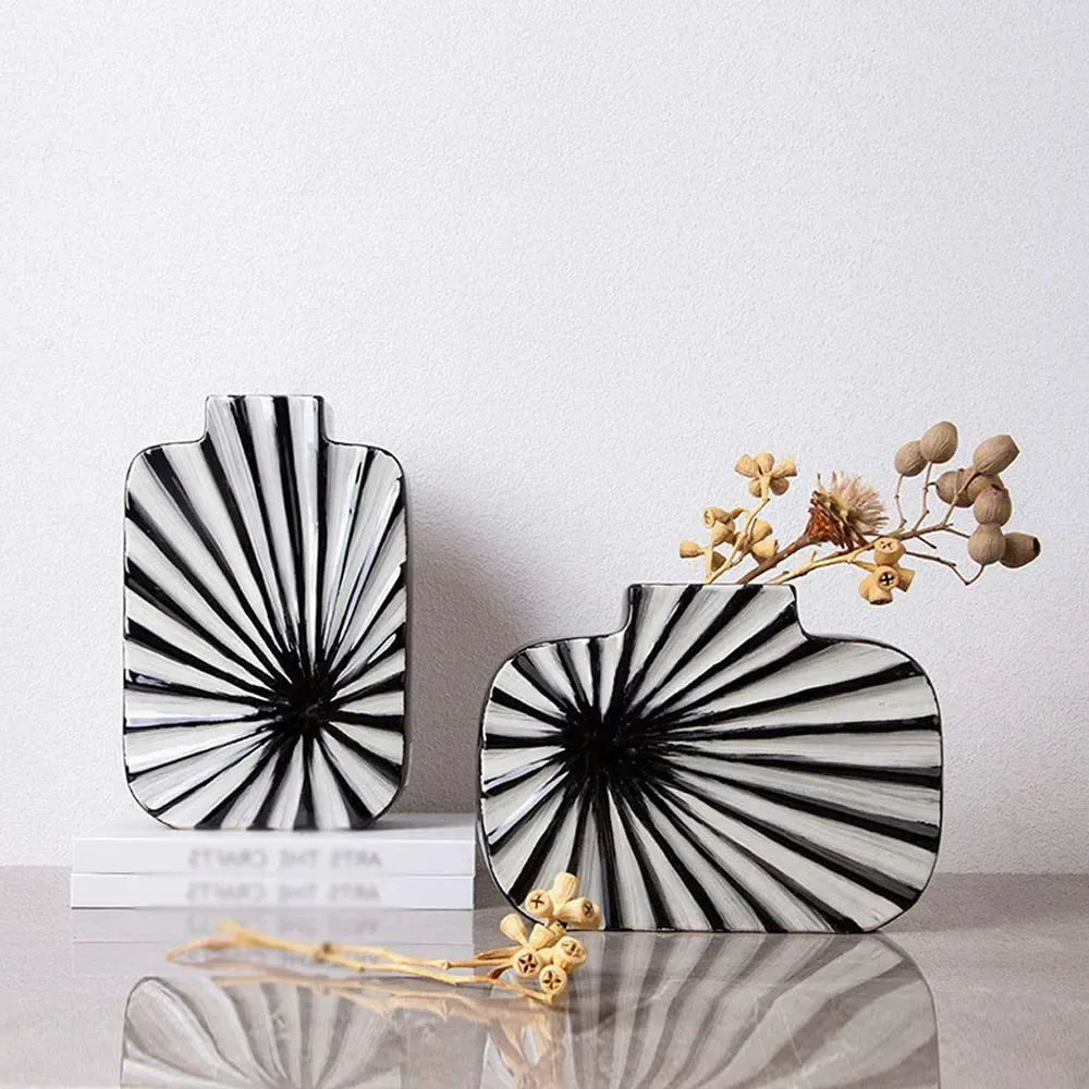 2 Piece Abstract Striped Flower Vase Set - White, Black