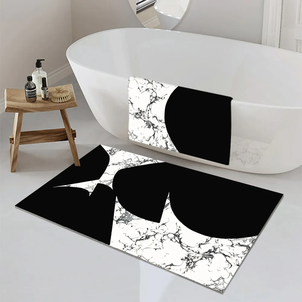 2-Piece Bath Mat Set with Marble Texture - Black & White