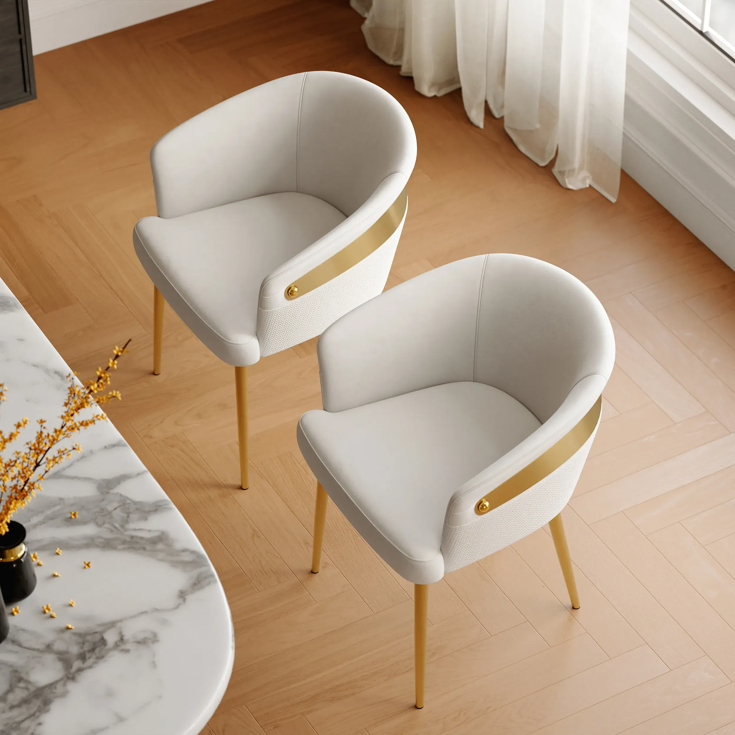 2-Piece Curved Back Dining Chair Set - White, PU Leather