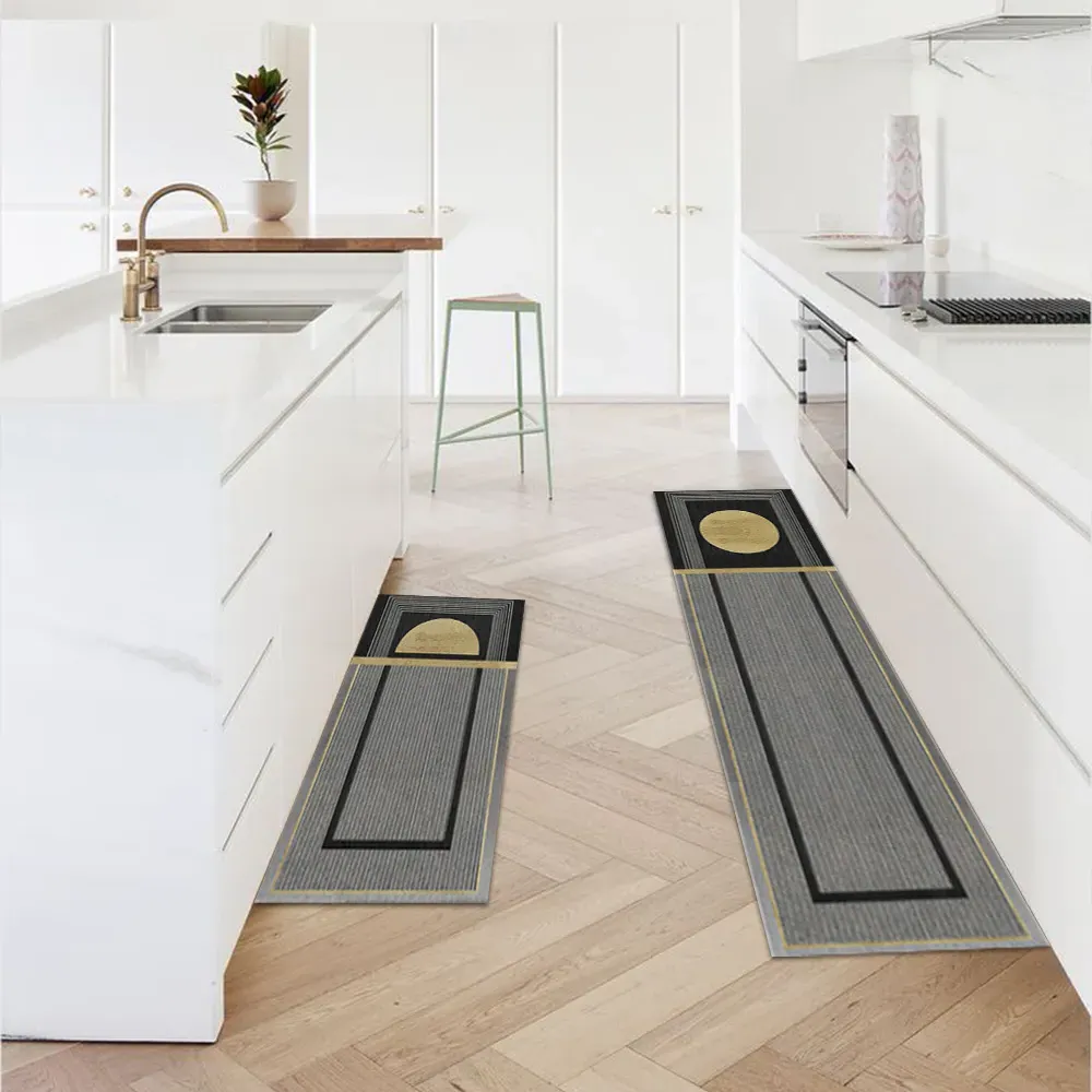 2 Piece Geometric Kitchen Rug Set Non-Slip - Dark Gray, PVC