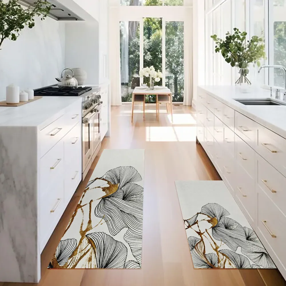 2 Piece Geometric Kitchen Rug Set Non-Slip - Gold image