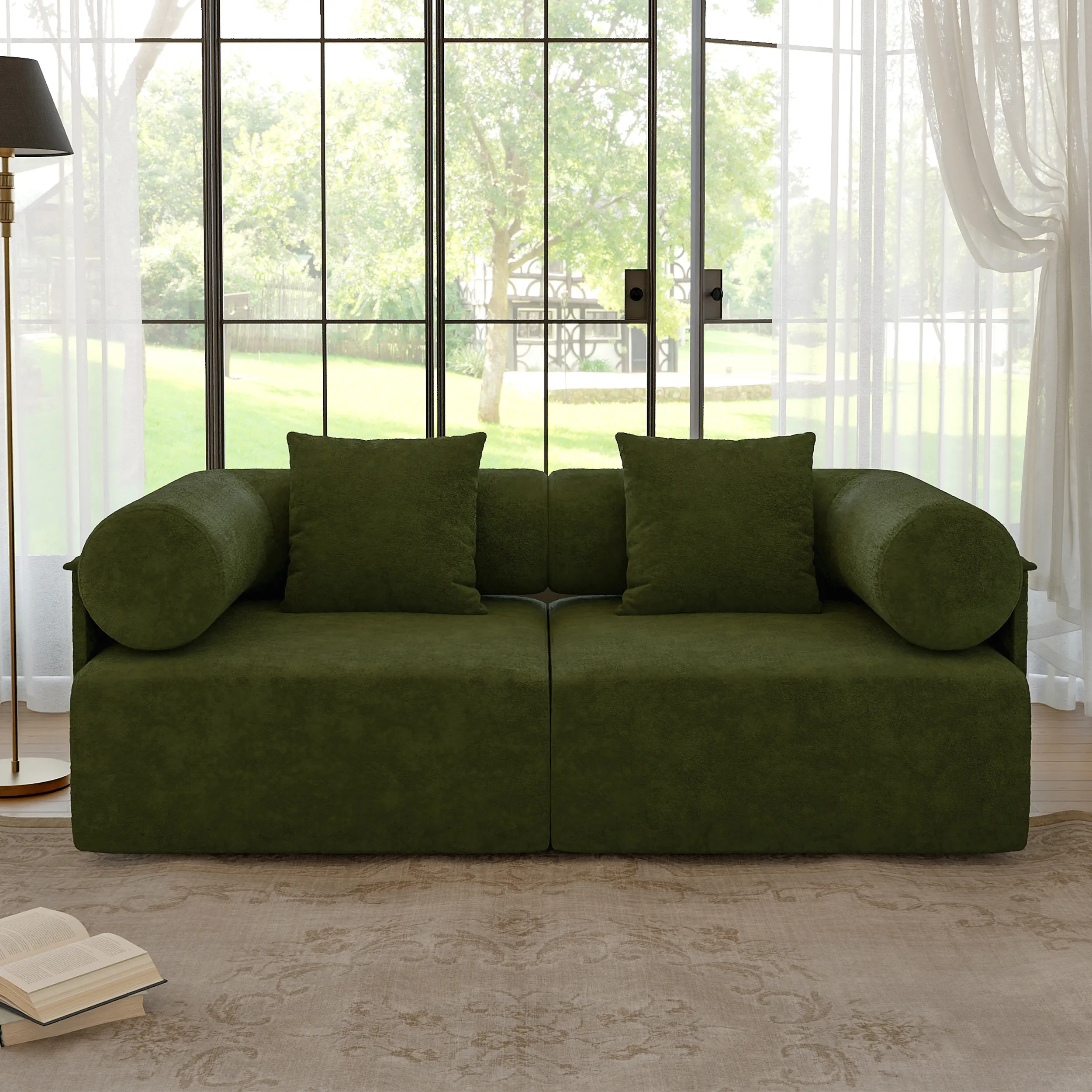 2-Piece Modular 2-Seater Sofa - Green, Chenille Velvet