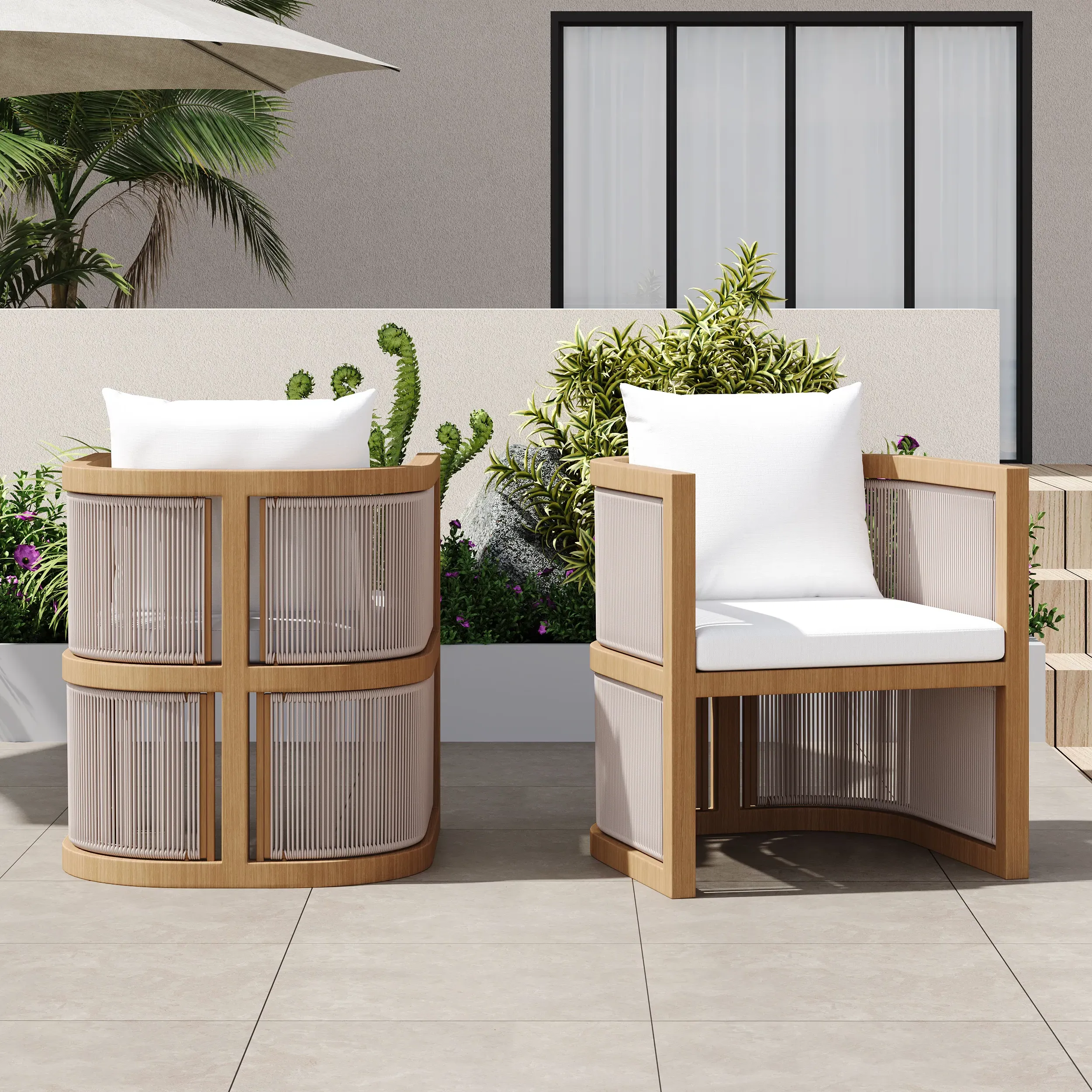 2 Piece Outdoor Patio Dining Chair Set - Walnut, Aluminum