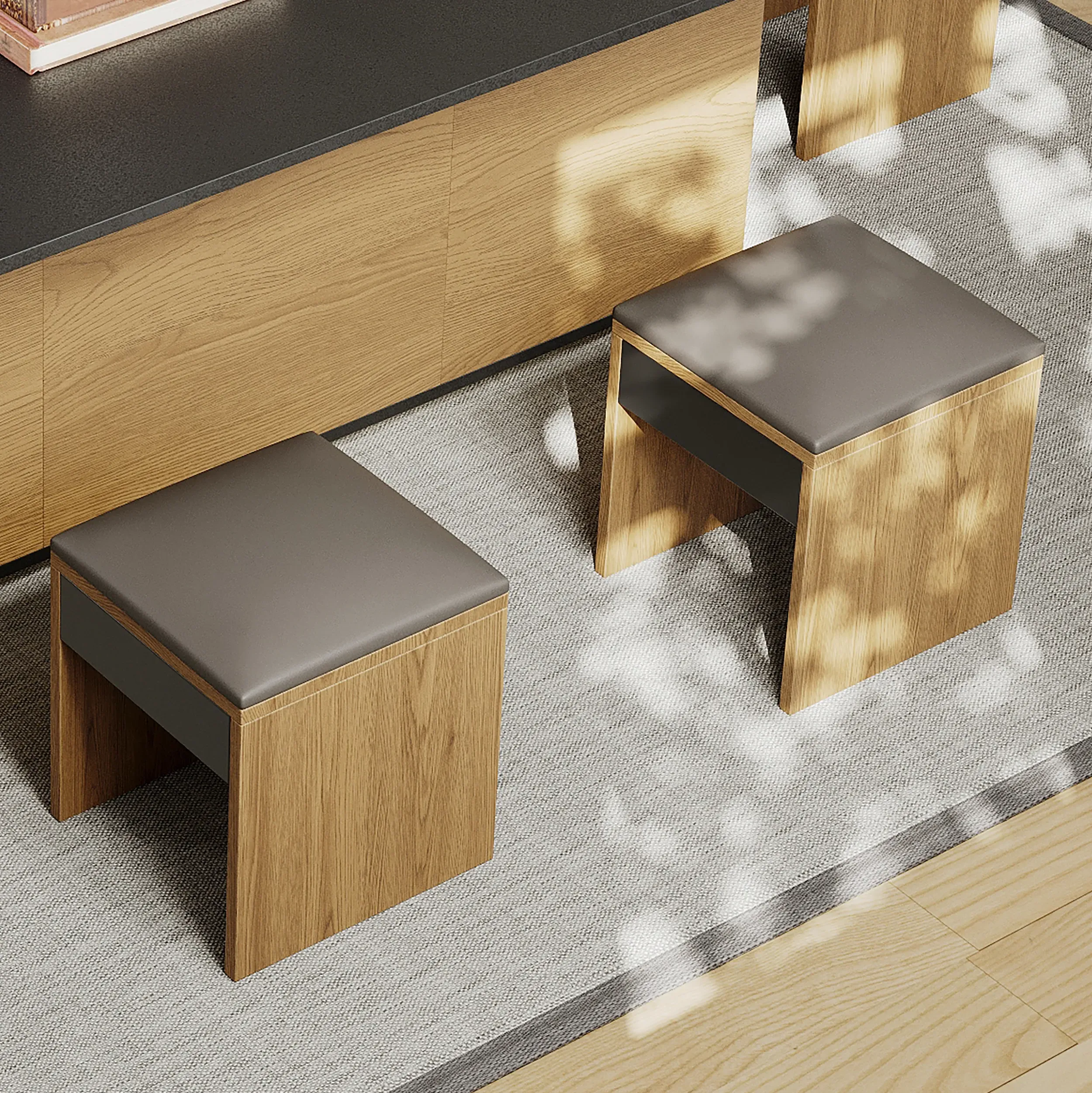 2-Piece Stool Set - Brown, Faux Leather image