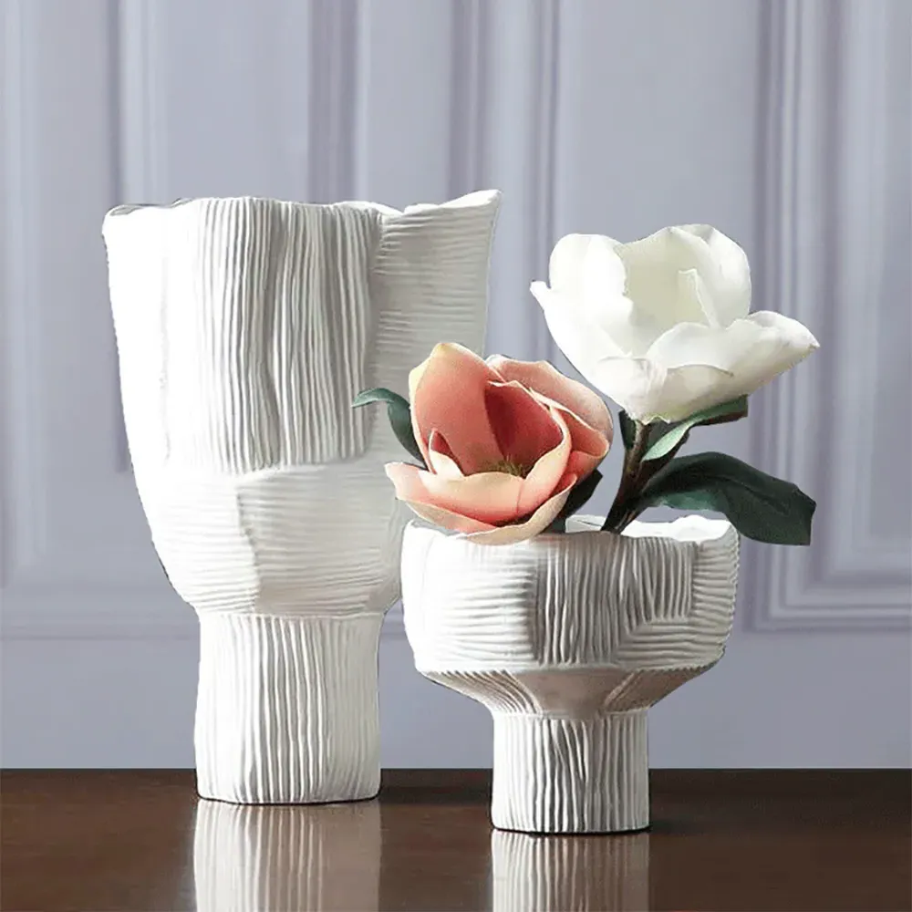 2 Piece Striped Flower Vase Set - White, Resin