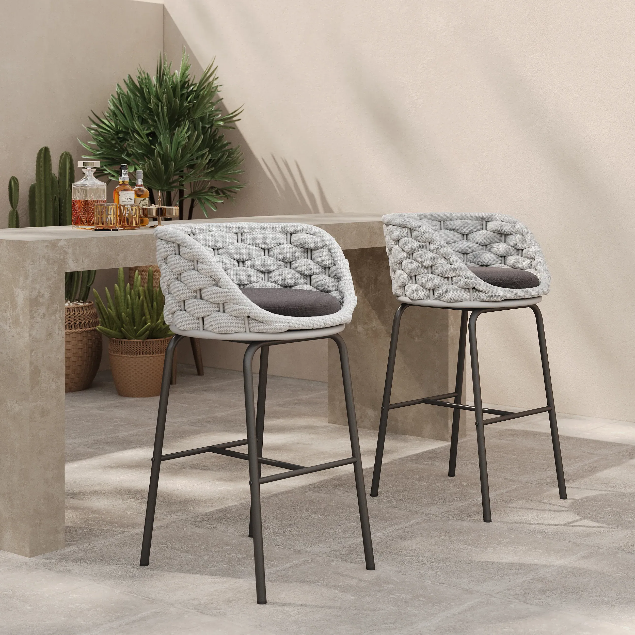 2-Piece Woven Rope Bar Stools Set with Backs - Aluminum image