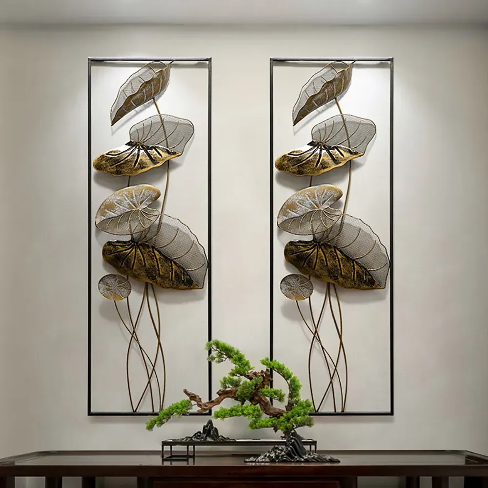2 Pieces Metal Lotus Leaves Wall Decor Set - Black Frame