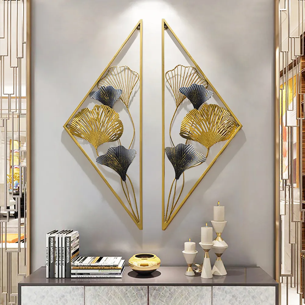 2 Pieces Triangular Ginkgo Leaves Metal Wall Decor - Gold image