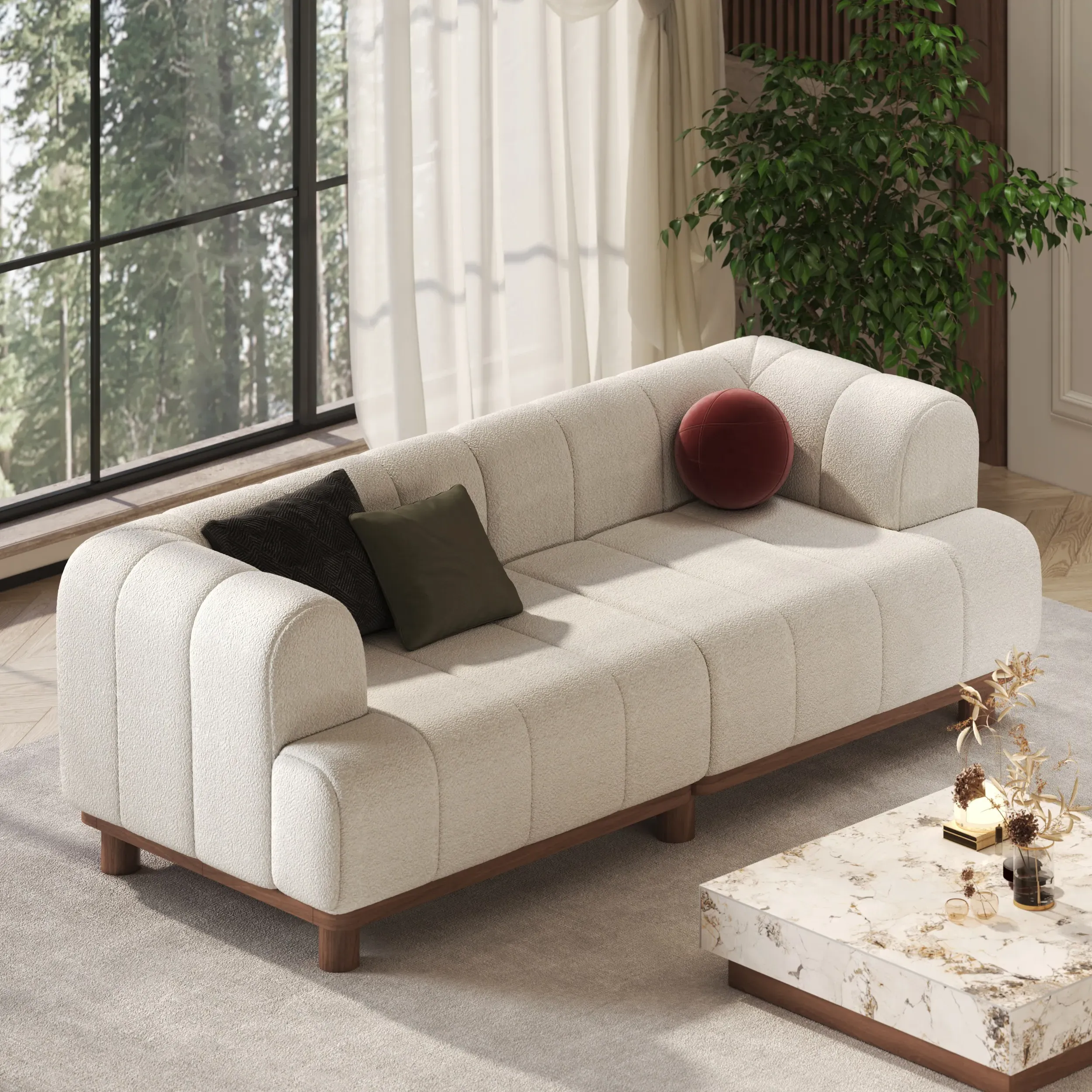 2-Seater Boucle Sofa with Cushion - White