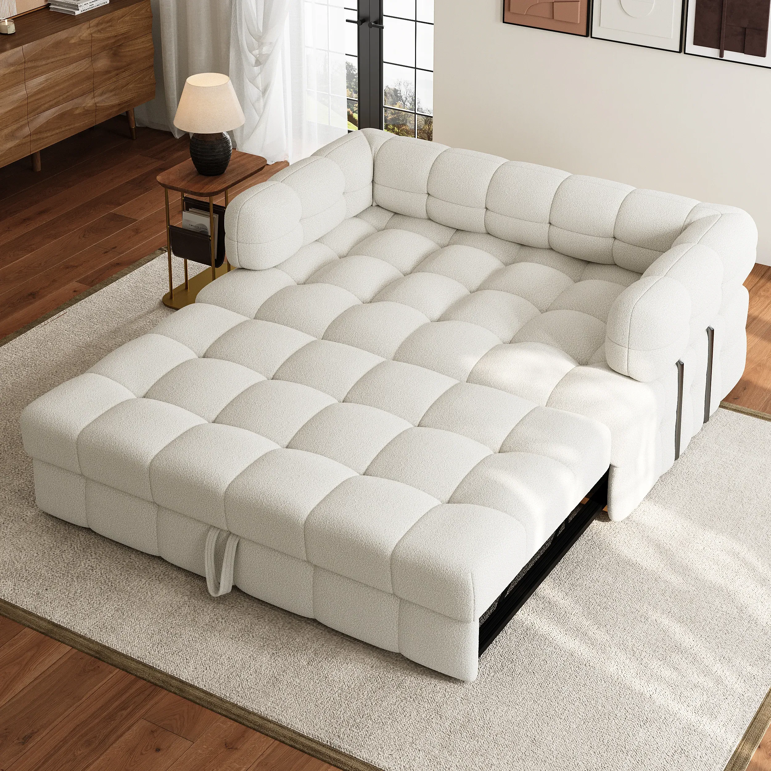 2-Seater Convertible Sofa Bed with Storage - White, Boucle