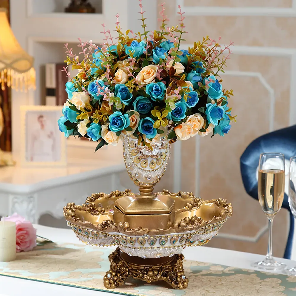 2-Tiered Fruit Basket with Removable Vase - Gold & White, Resin