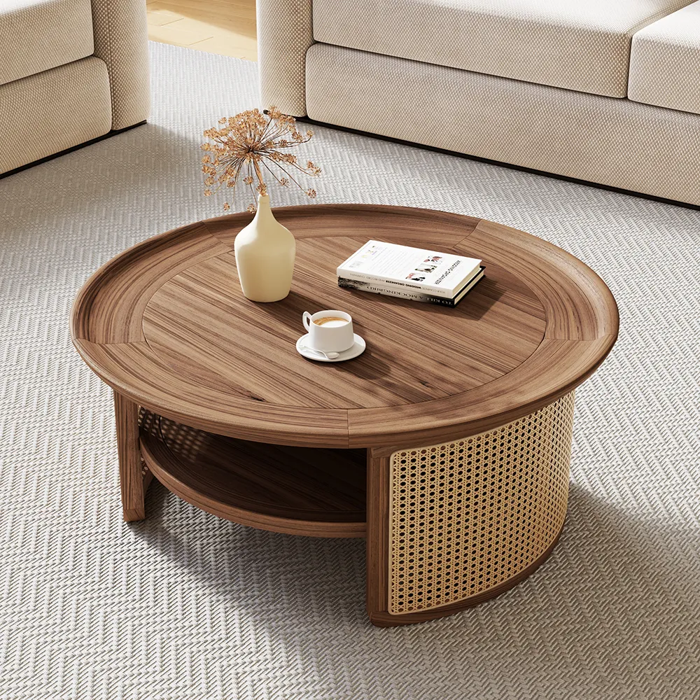 2-Tiered Round Coffee Table with Storage - Walnut, Rattan