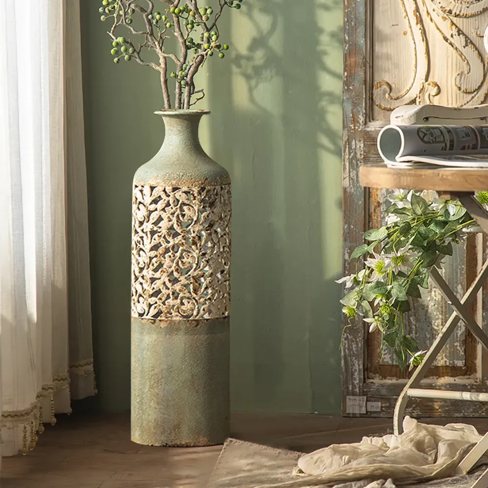 20.3" Floor Vase with Geometric Pattern - Green & White, Metal image