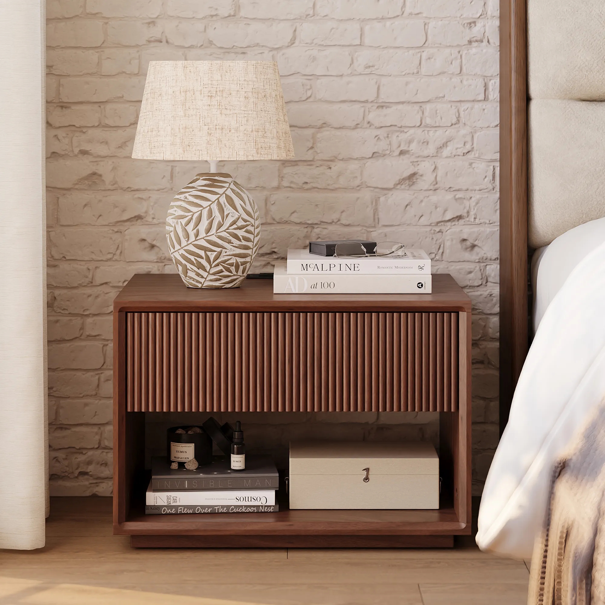 22" Fluted Nightstand with Charging Station - Walnut image