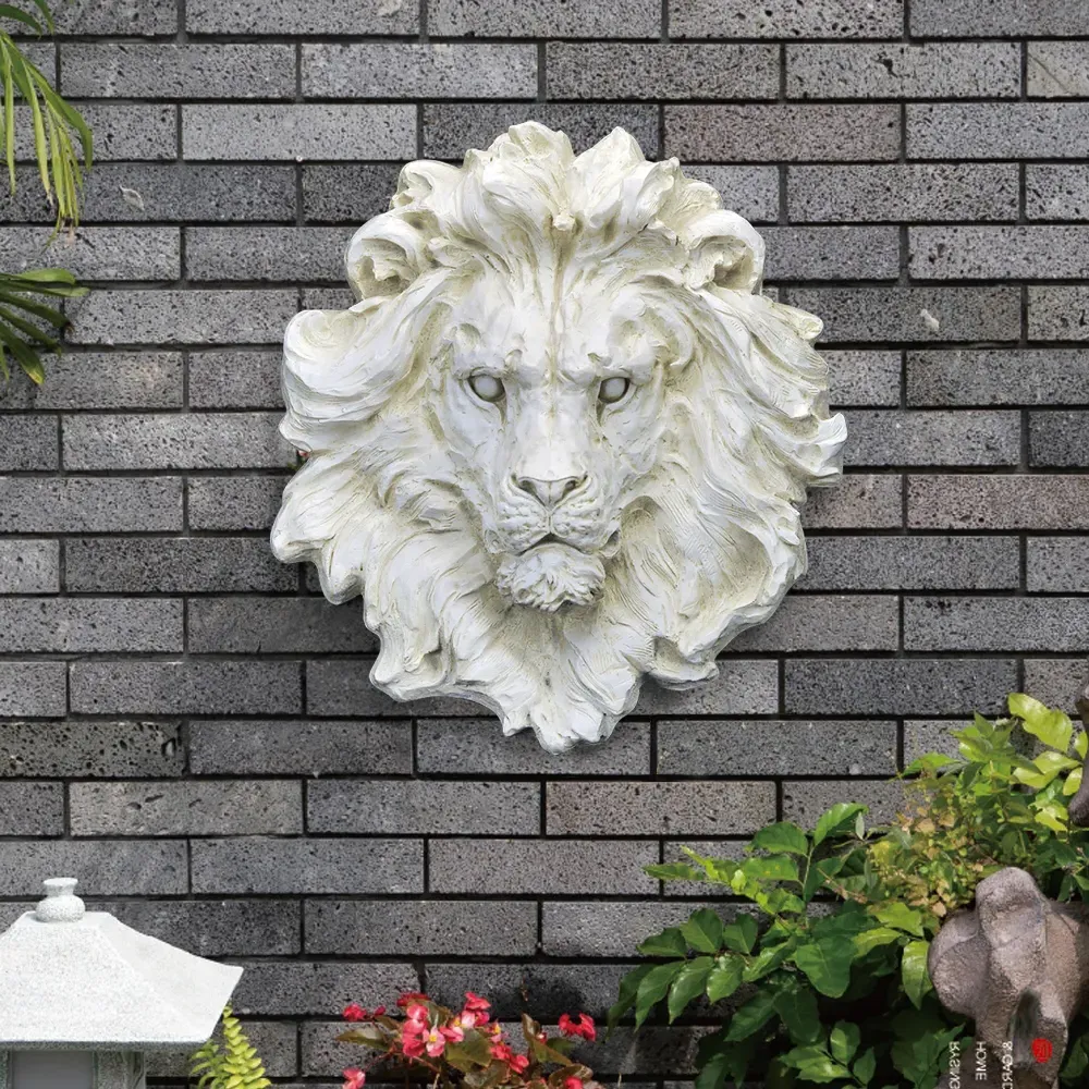 22" Lion Head Wall Sculpture Garden Decor - Beige, Resin image