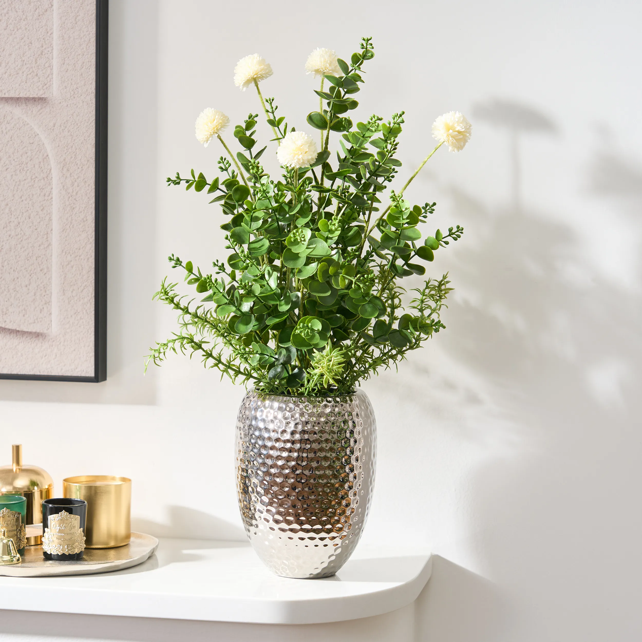 22.8" Artificial Floral Arrangement - Silver, Ceramic