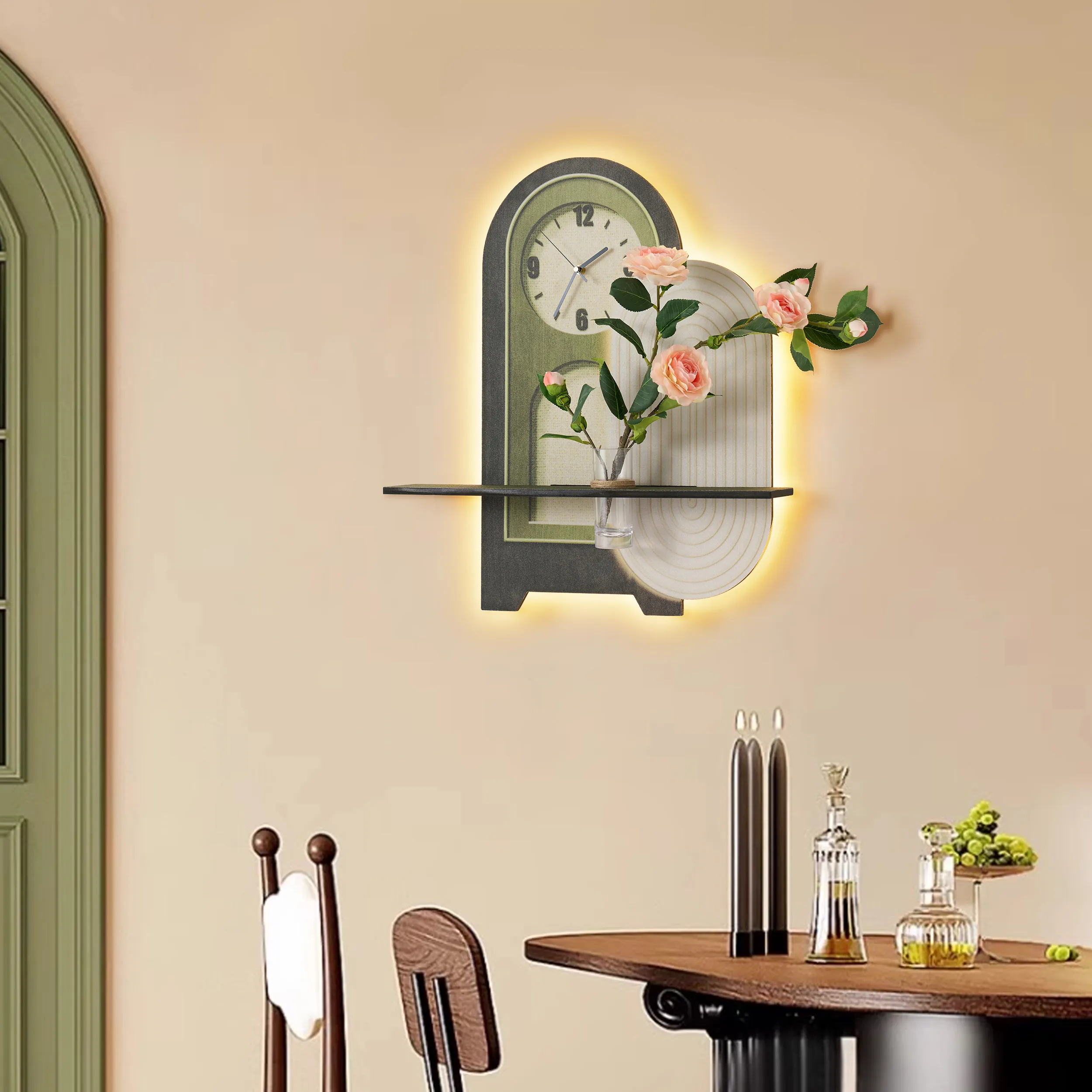 23.6" LED Wall Clock with Glass Vase - Green, White