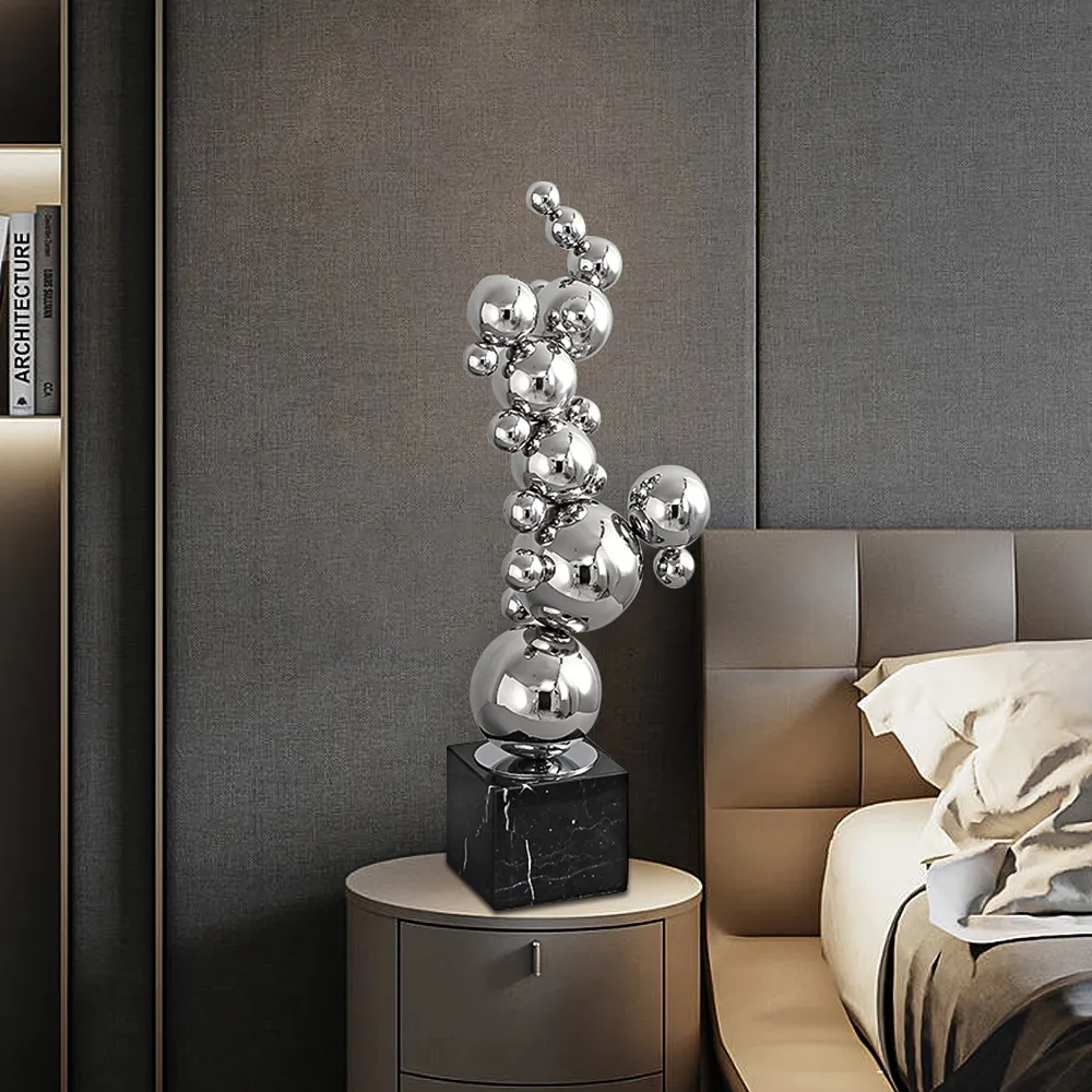 24" Abstract Geometric Ball Sculpture - Stainless Steel, Marble image