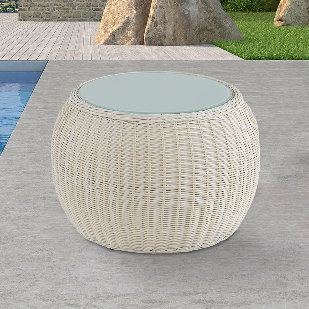 24.4" Round Coffee Table - Off White, Rattan
