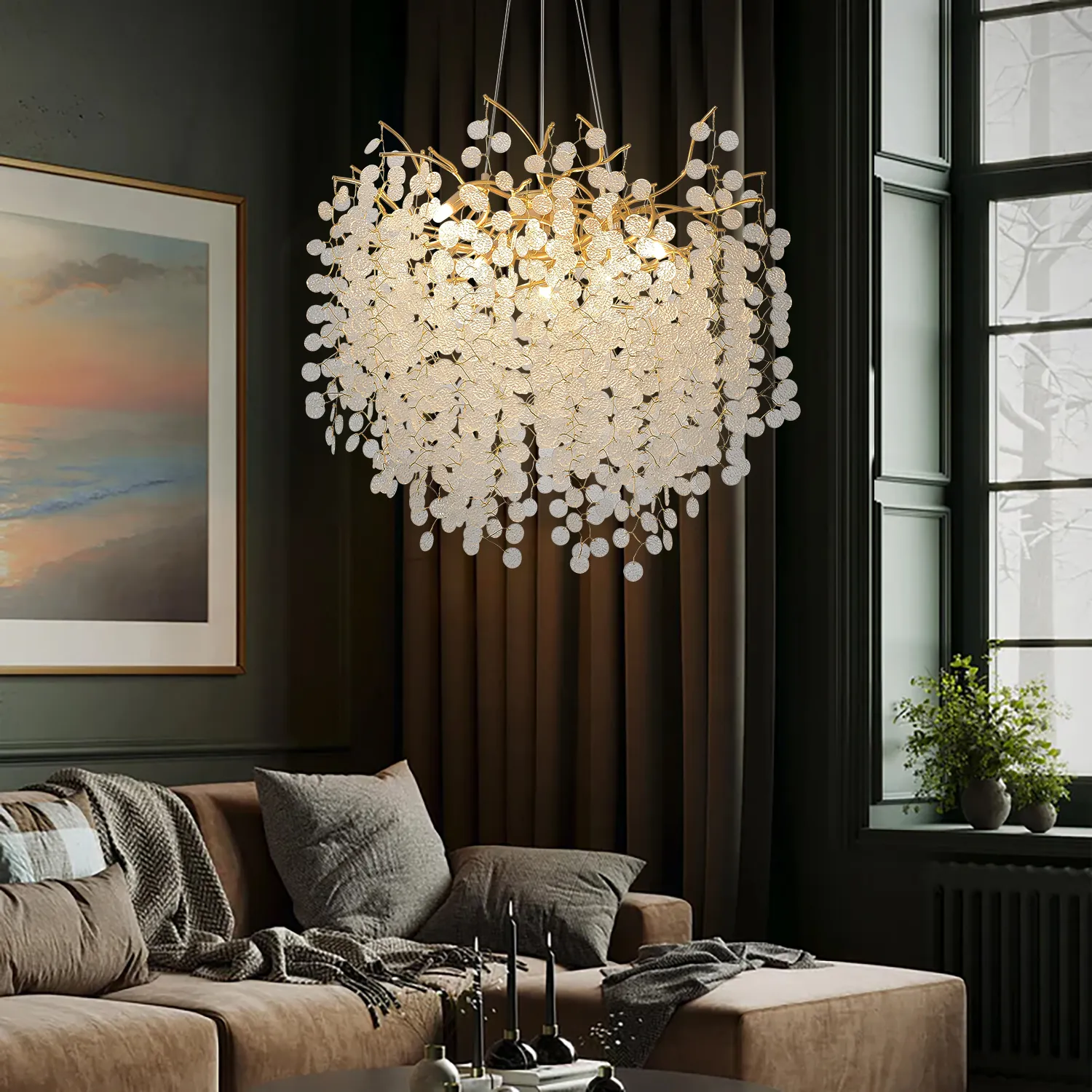 24.8" Leaf Chandelier 8-Light with Warm LED - Gold, Glass image