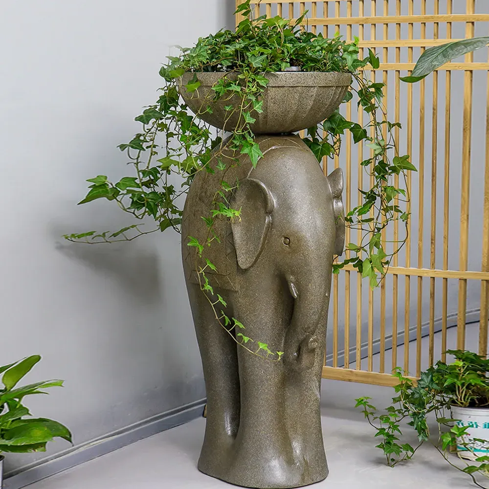26" Elephant Garden Statue Planter Bird Bath - Green image