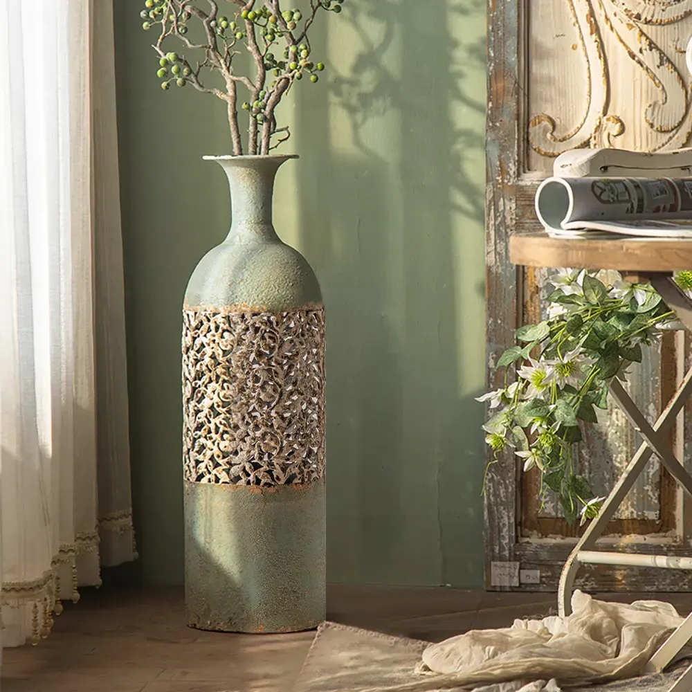 26.4" Floor Vase with Geometric Pattern - Green & White, Metal