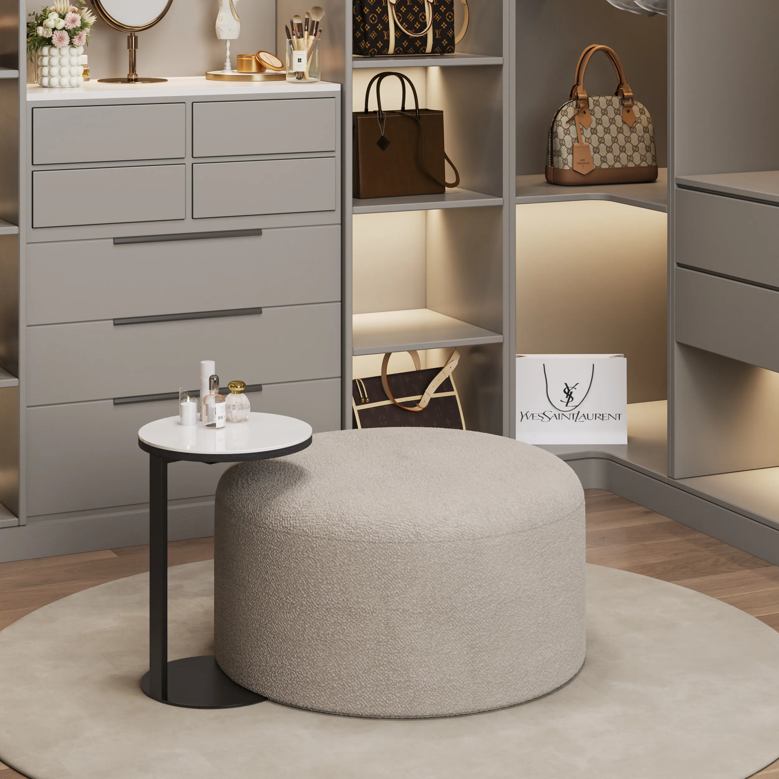 28" Oversized Boucle Ottoman with Sintered Stone Side Table - Beige image