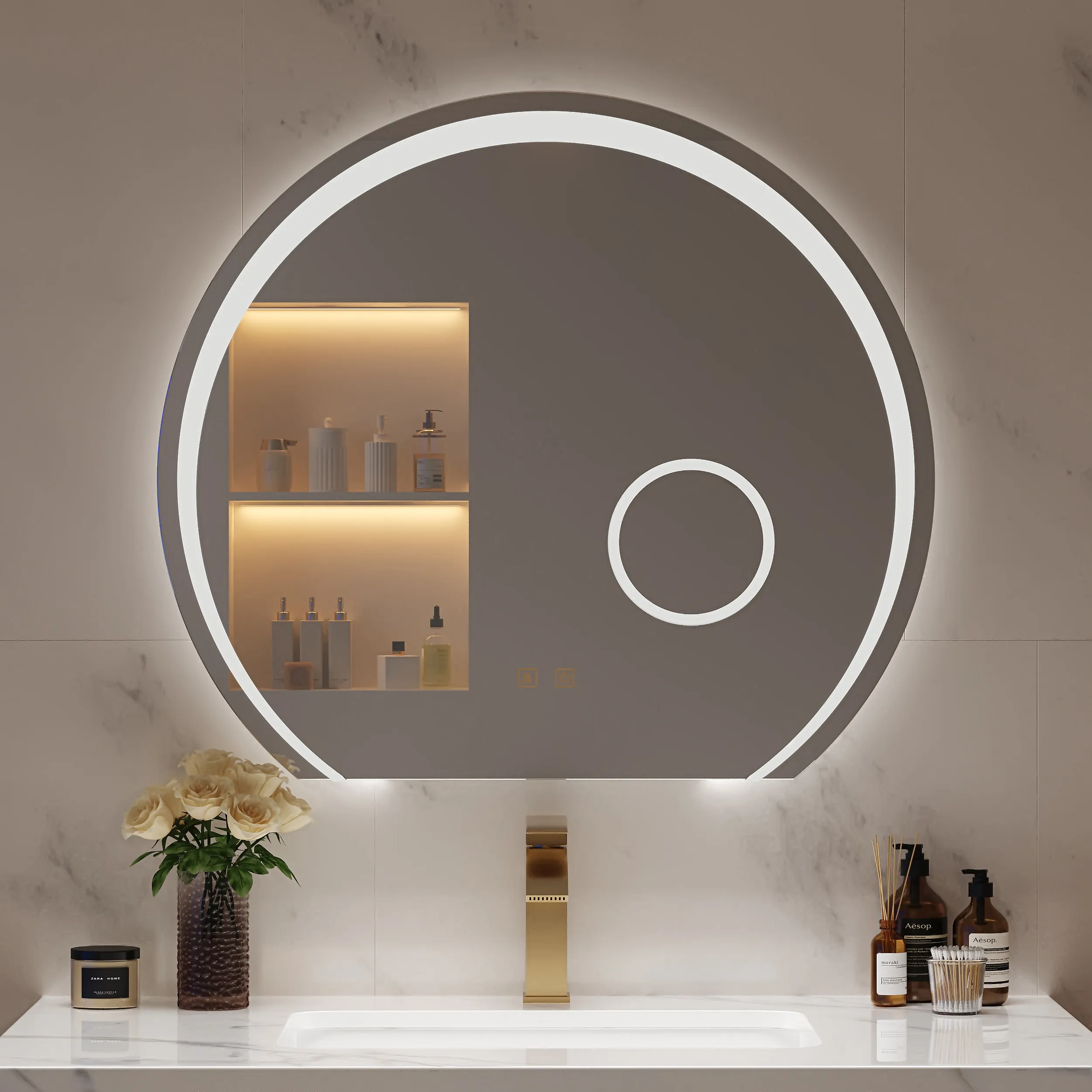 28" Round LED Bathroom Mirror with 3X Magnifier & Anti-Fog image