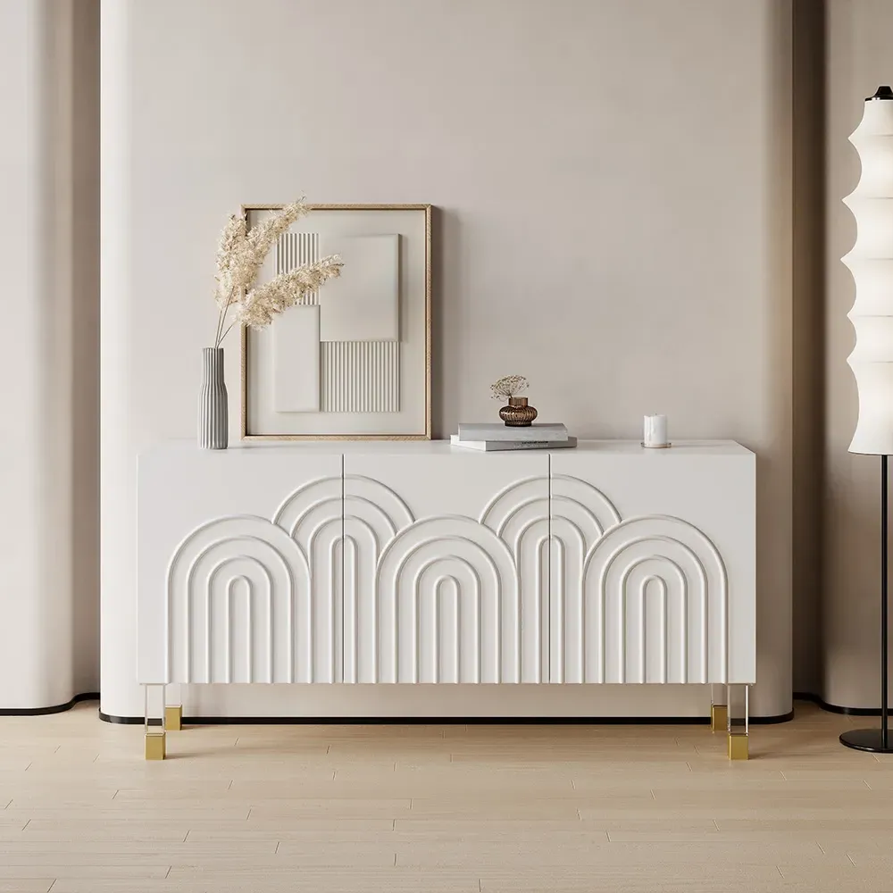 3-Door Credenza Cabinet with Wavy Pattern - White image