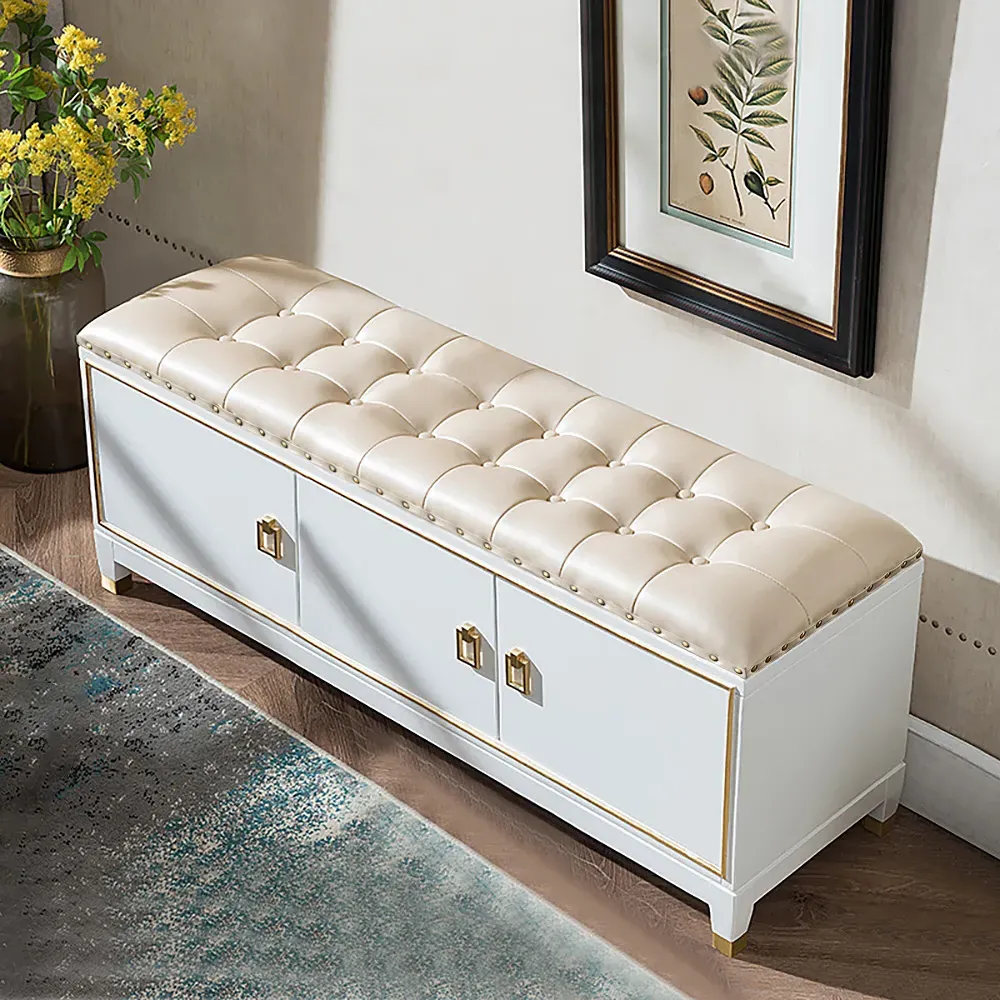 3-Door Entryway Bench with Storage - Champagne, Faux Leather
