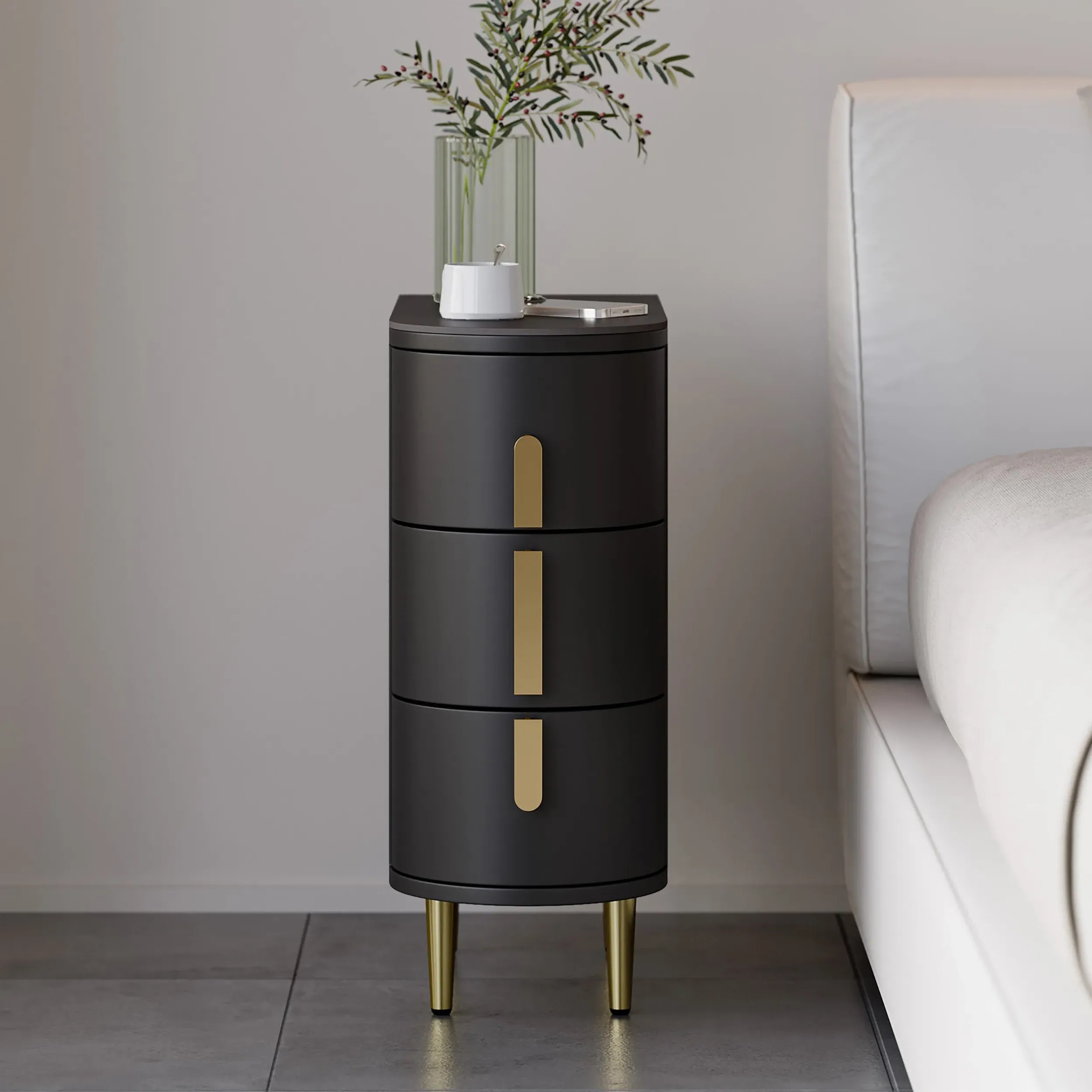 3-Drawer Nightstand Set with Sintered Stone Top - Black