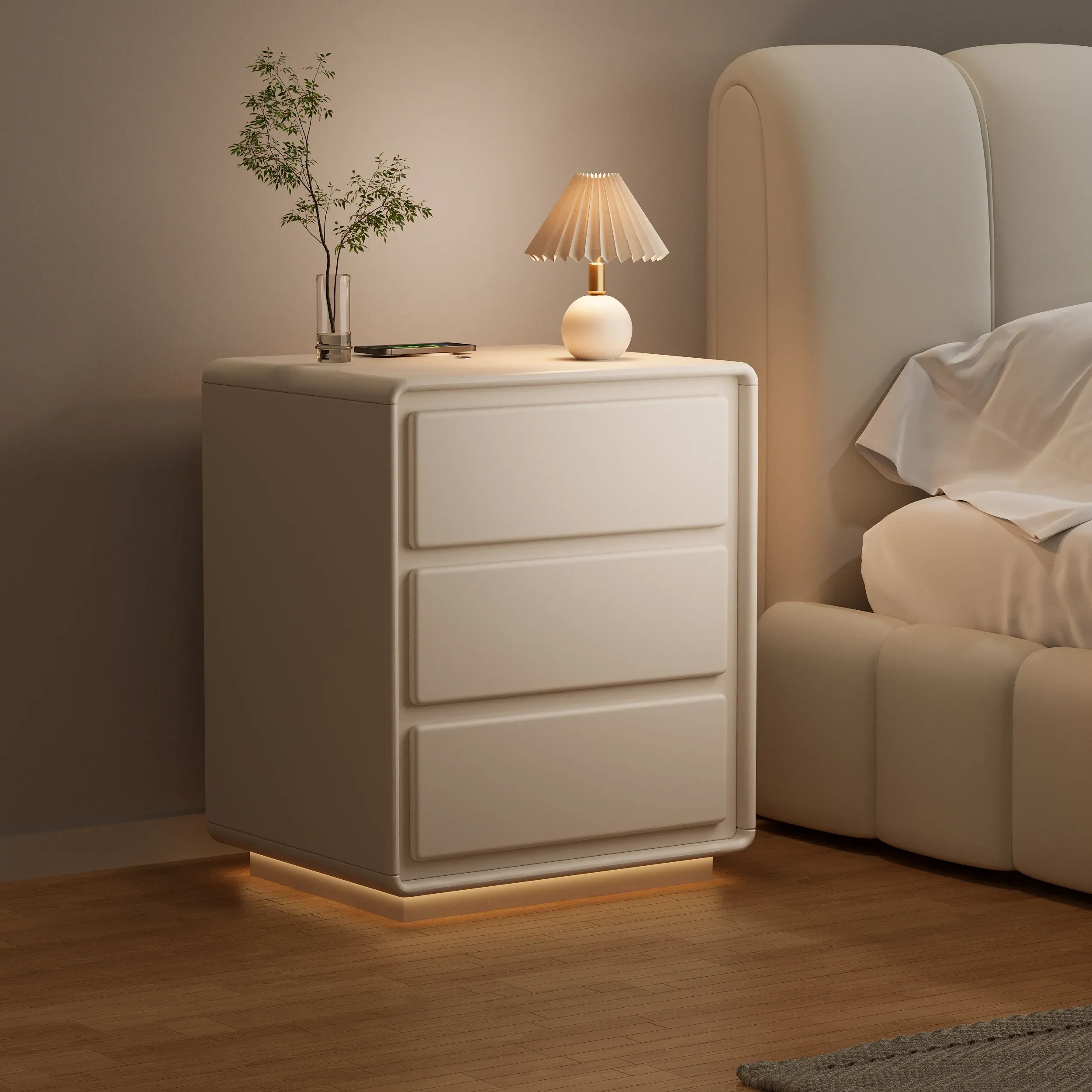 3-Drawer Nightstand with LED and USB Charging - Off-White