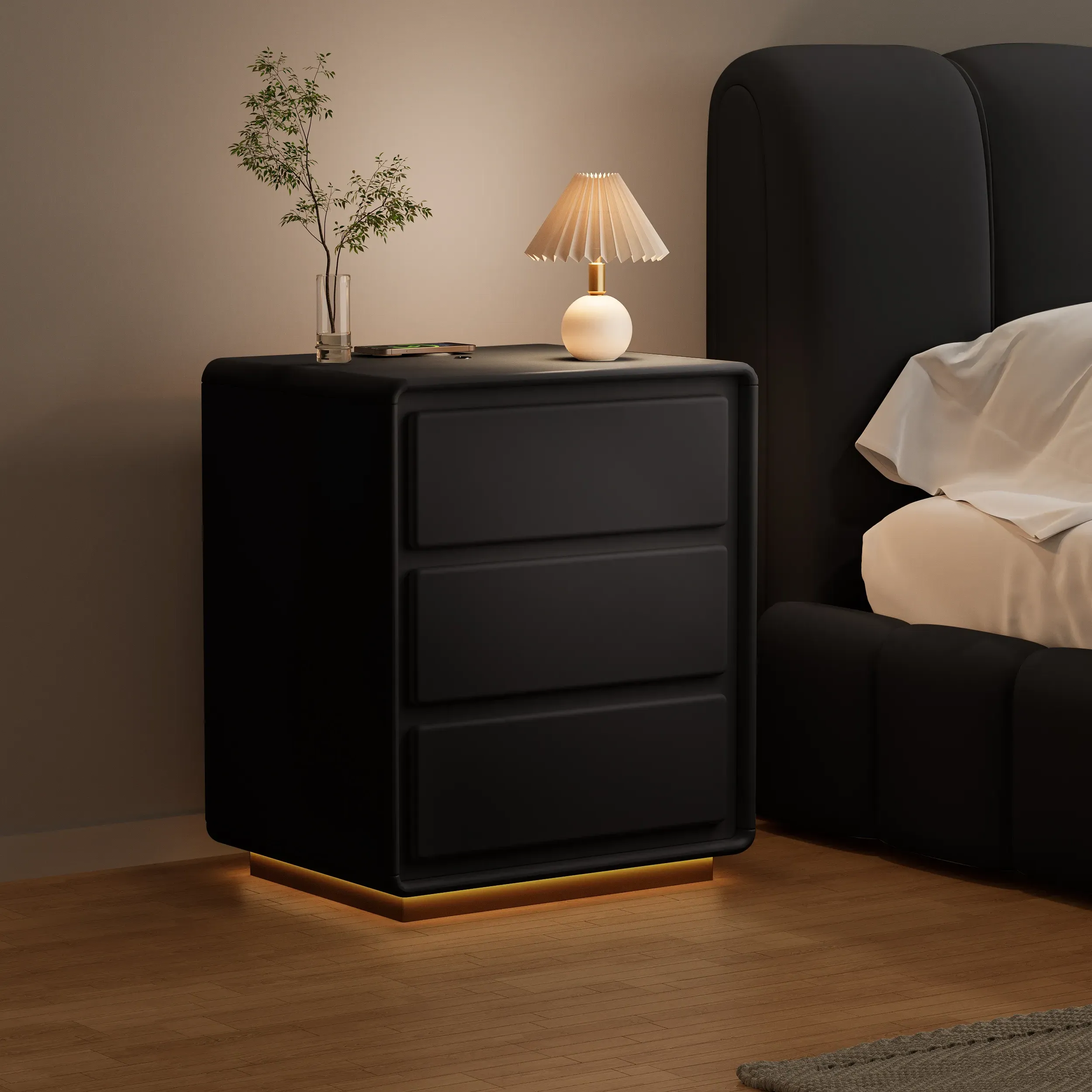 3-Drawer Nightstand with LED and USB Charging Set of 2 - Off-White