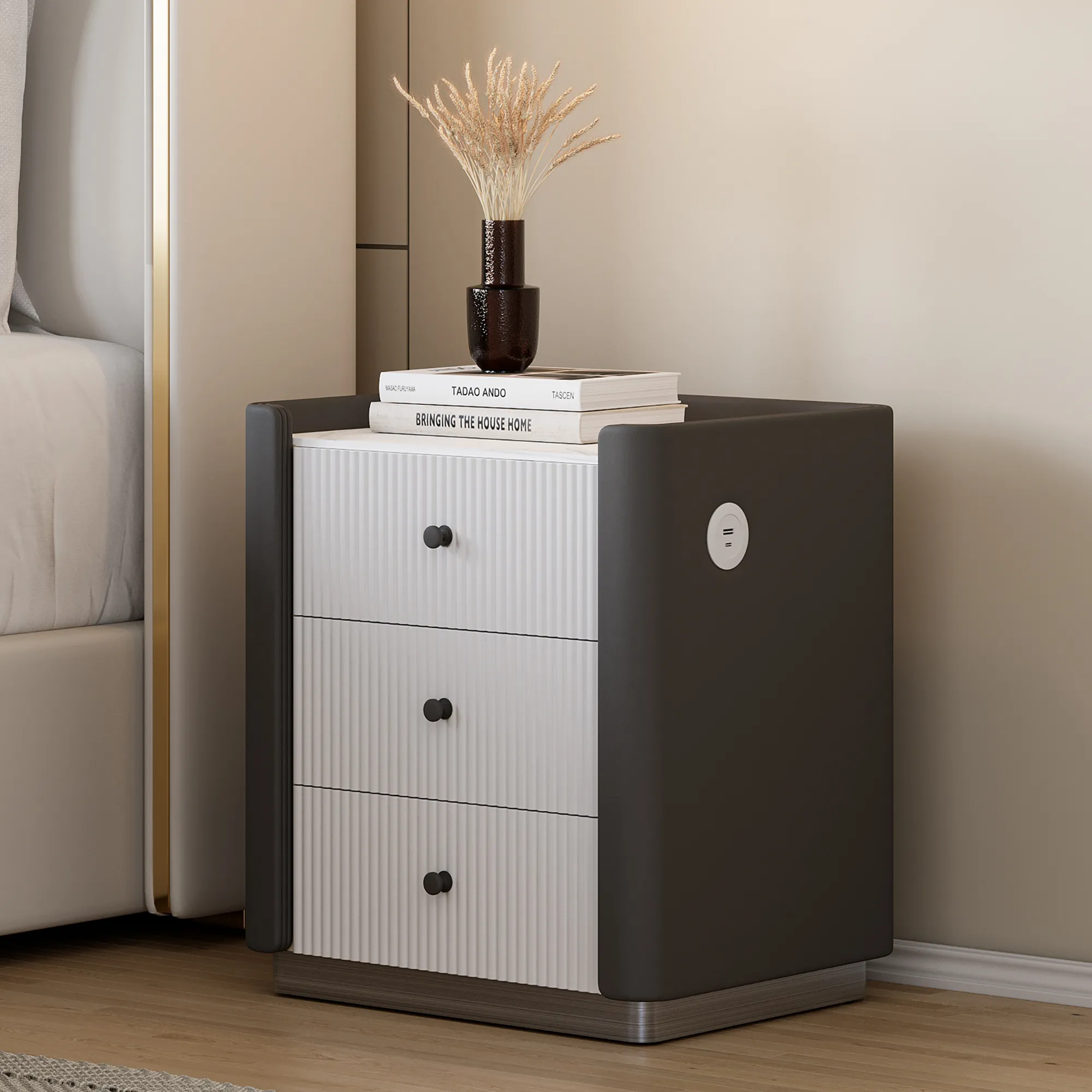 3-Drawer Nightstand with USB Port - Sintered Stone