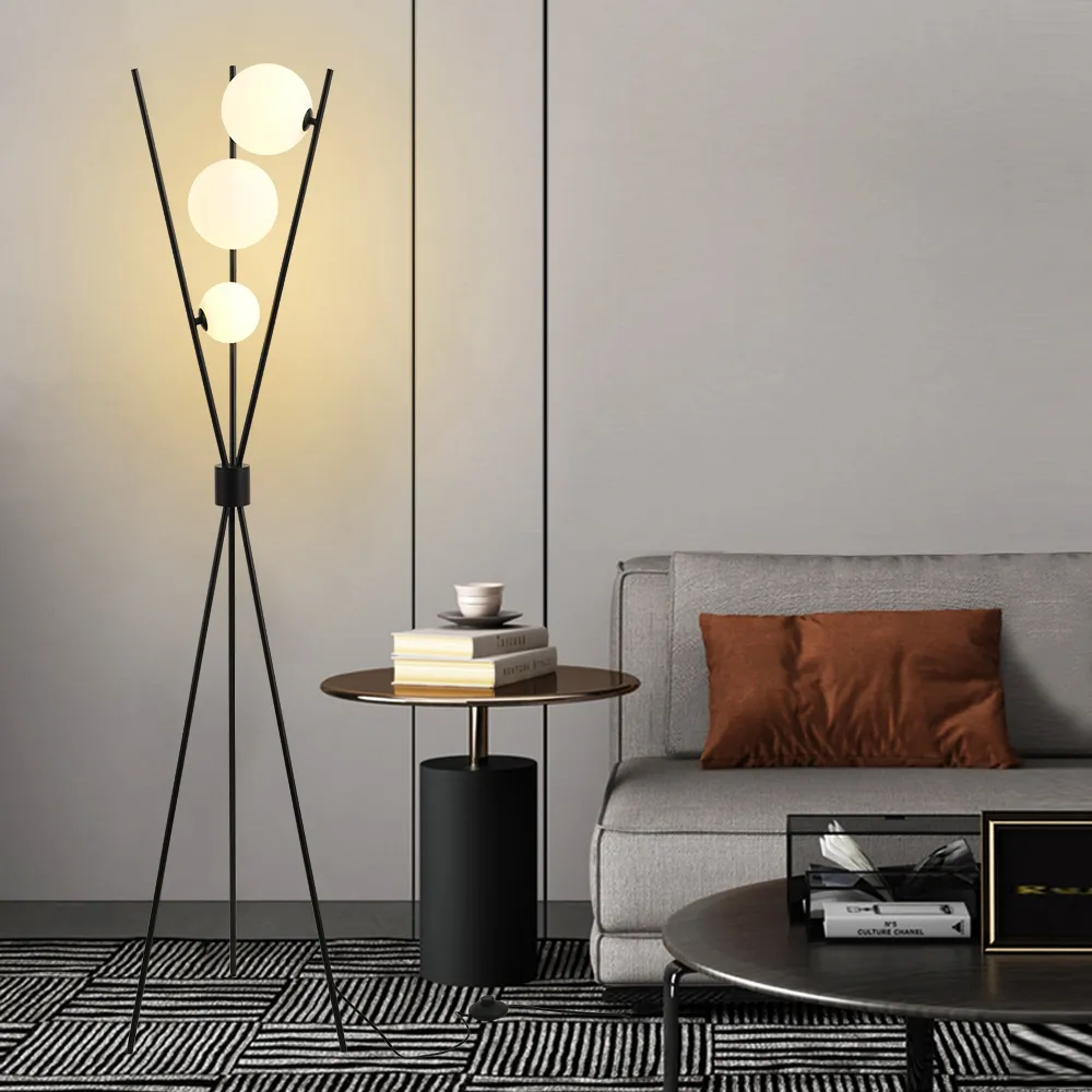 3-Light Tripod Floor Lamp with Glass Shade - Black